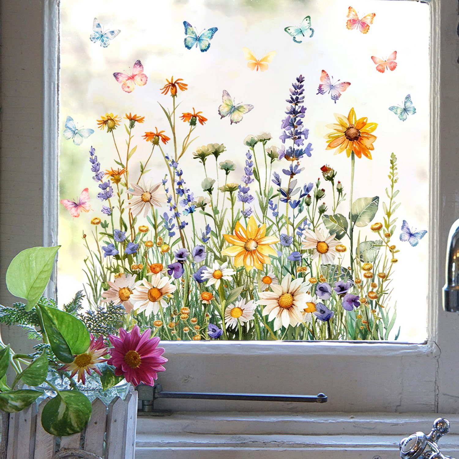 1 Sheet Summer Window Clings for Glass Colorful Floral Window Stickers Double-Side Spring Plant Flower Window Decals DIY Butterfly Window Stickers for Spring Party Home Office Shop Glass Decorations
