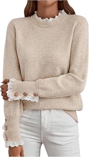 MakeMeChic Women's Fall Sweaters Lace Peplum Mock Neck Cozy Sweater Pullover