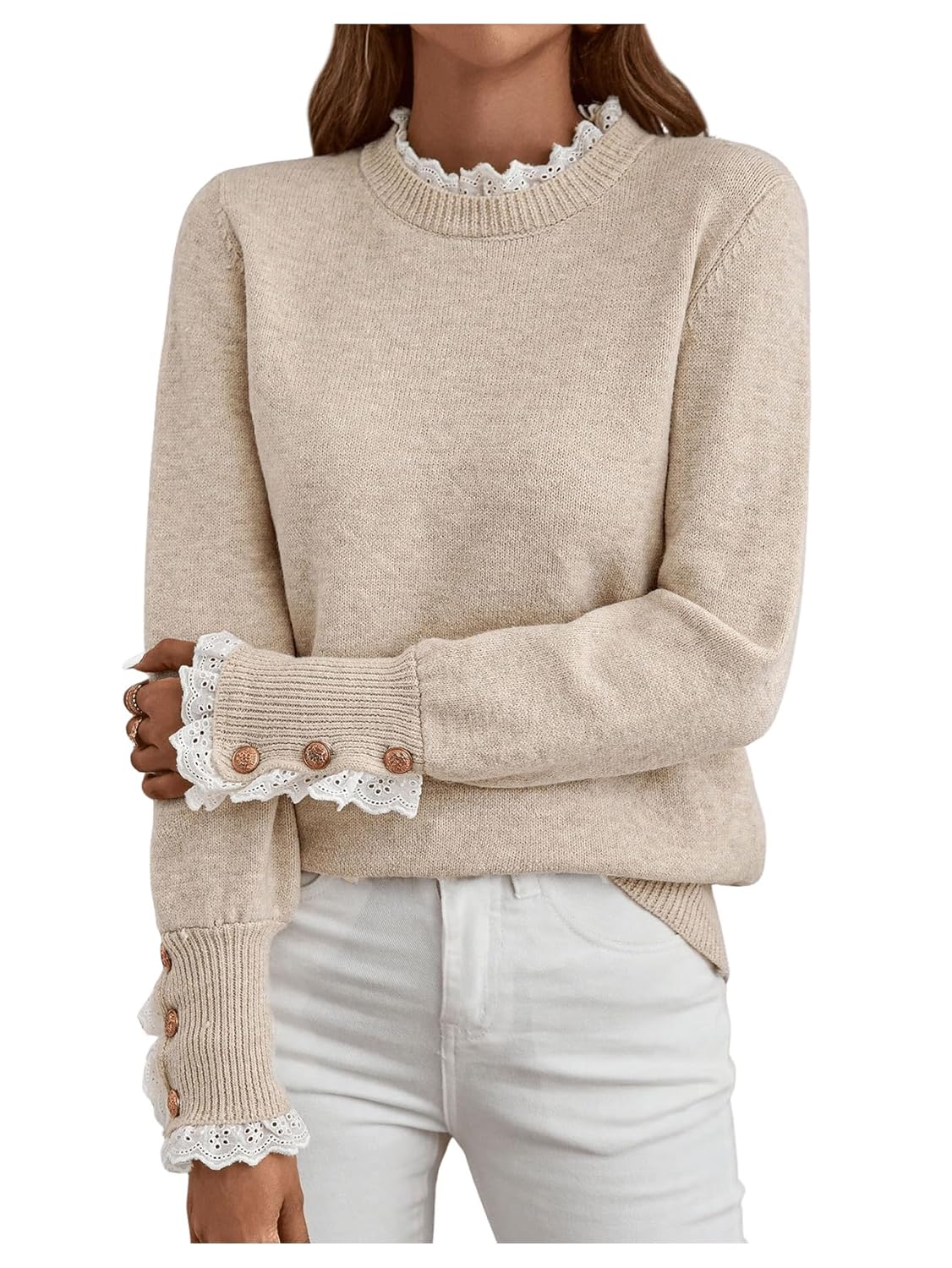 MakeMeChic Womens Fall Sweaters Lace Peplum Mock Neck Cozy Sweater Pullover