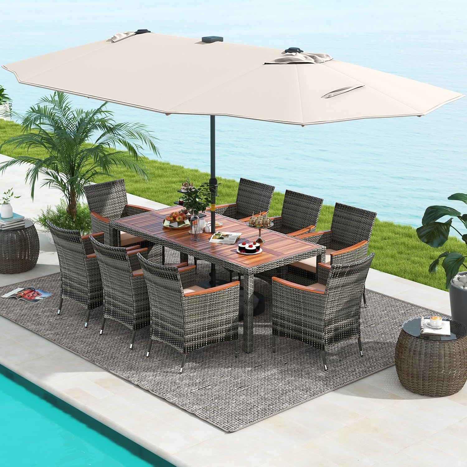 Tangkula 11 Pieces Patio Dining Set with 15 ft Double-Sided Patio LED Umbrella (Base Included), Outdoor Rattan Furniture Set with 8 Armchairs, 1 Rectangular Acacia Wood Dining Table