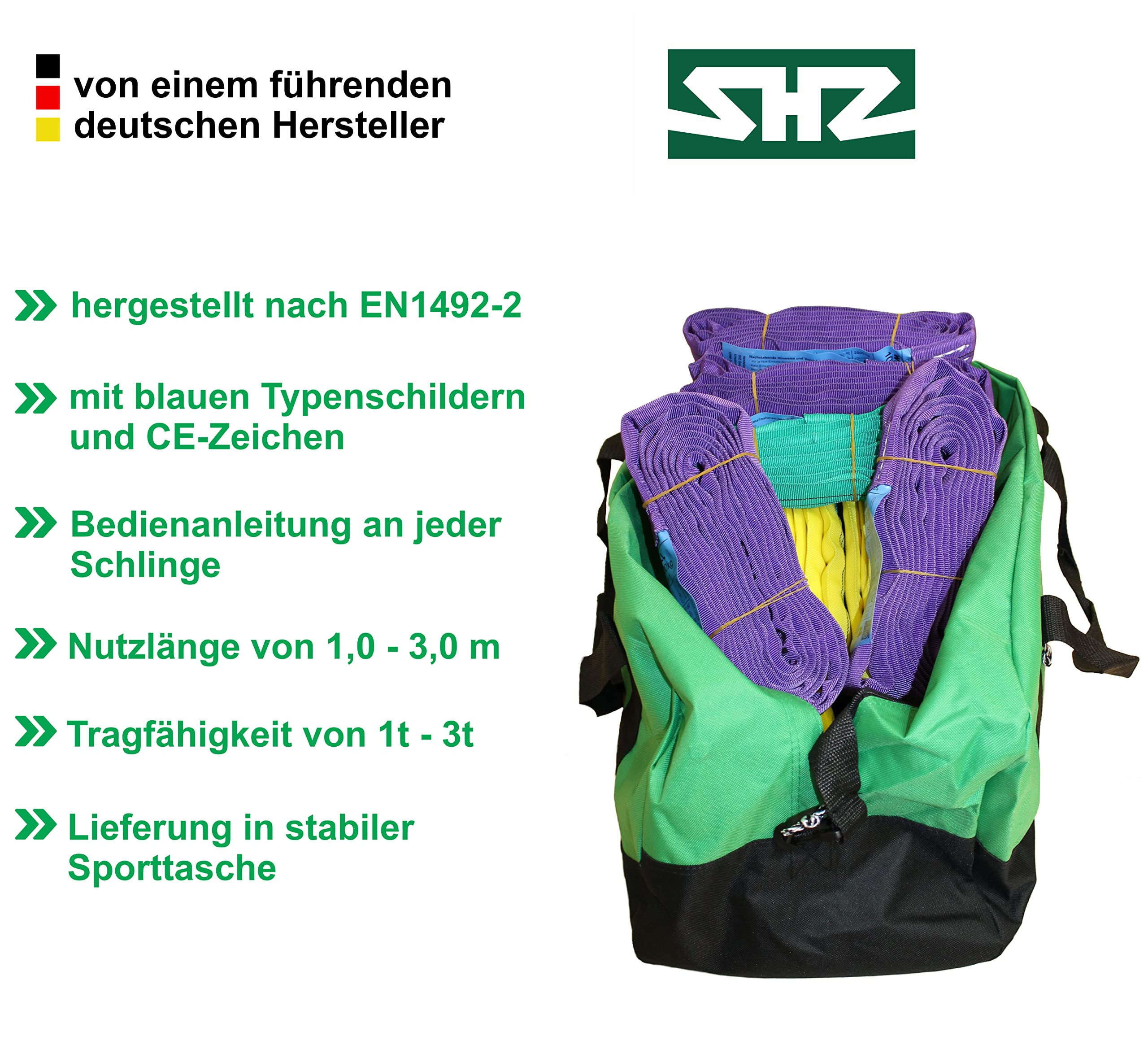 Rundschlingen Set 1t - 3t Tragfähigkeit, 11-teilig, 1000-3000 kg WLL, farbcodiert violett, grün, gelb