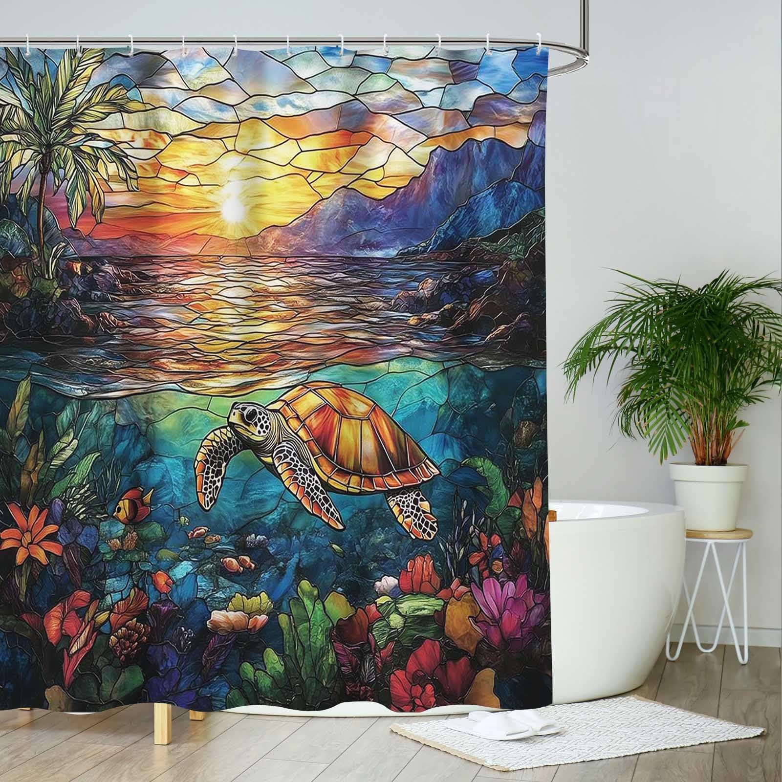 AIBIIN Turtle Shower Curtain Stained Glass Nautical Biological Blue Ocean Bath Curtains Durable Polyester Material with 12 Hooks,180x180cm