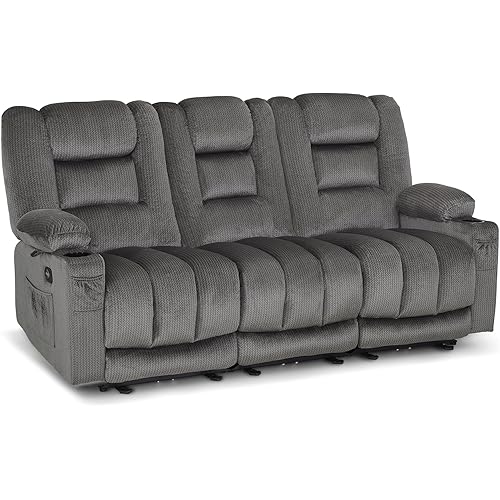 MCombo Zero Gravity Power Recliner Sofa with 3 Reclining Seater, Massage & Heat, USB Port, Cup Holder, Reclining Sofa Set for Living Room PR648SET (Grey, 3 Seats)