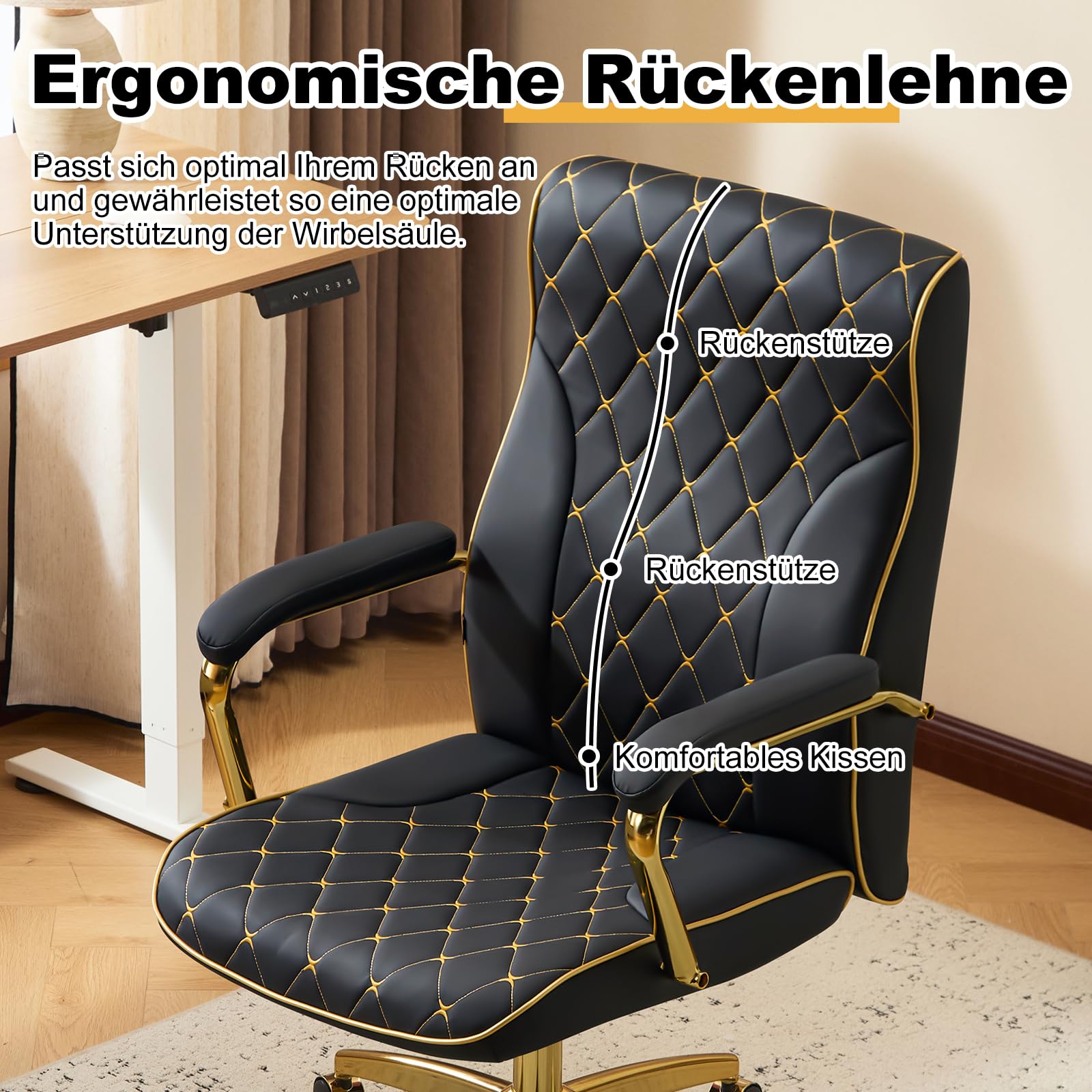 Bürostuhl Ergonomisch, PU Leder Chefsessel, Schreibtischstuhl Computerstuhl Drehstuhl mit Hoher Rückenlehne, Gepolsterter Armlehnen und Höhenverstellbar, Neigefunktion, Schwarz