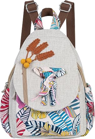 Womens Small Retro Bohemian Washed Canvas Backpack with 3D Decoration for Daily Commuting