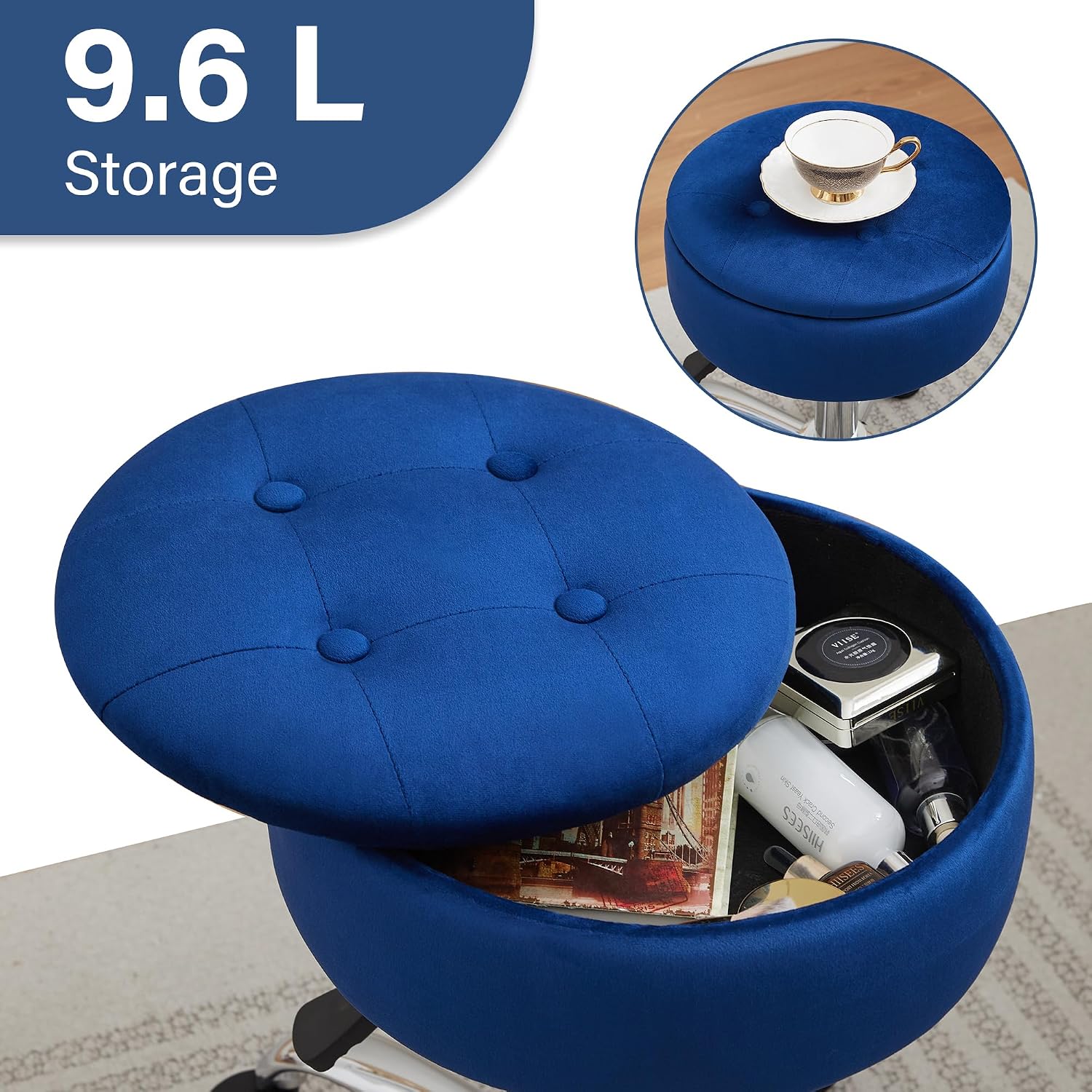 Gitrah Vanity Chair with Wheels Adjustable Vanity Stool with Storage Swivel Vanity Stool for Vanity Rolling Makeup Chair Blue image 3