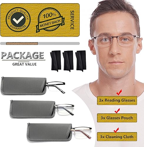 Miniatura 6 de HOTJOJO Paquete de 3 lentes de lectura para hombres, con bloqueo de luz azul, lectores de computadora sin montura y marco de metal rectangulares (3