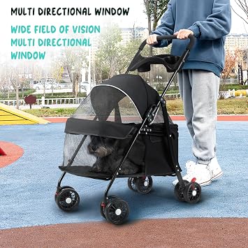 Dog Strollers for Small Dogs, 4 Wheels Pet Stroller Dog Trolley On Wheels Foldable Cat Pram Strollers with Cup Holder Load 20LBS 360Breathable Mesh Windows Strolling Cart for Puppy Extended Walks B