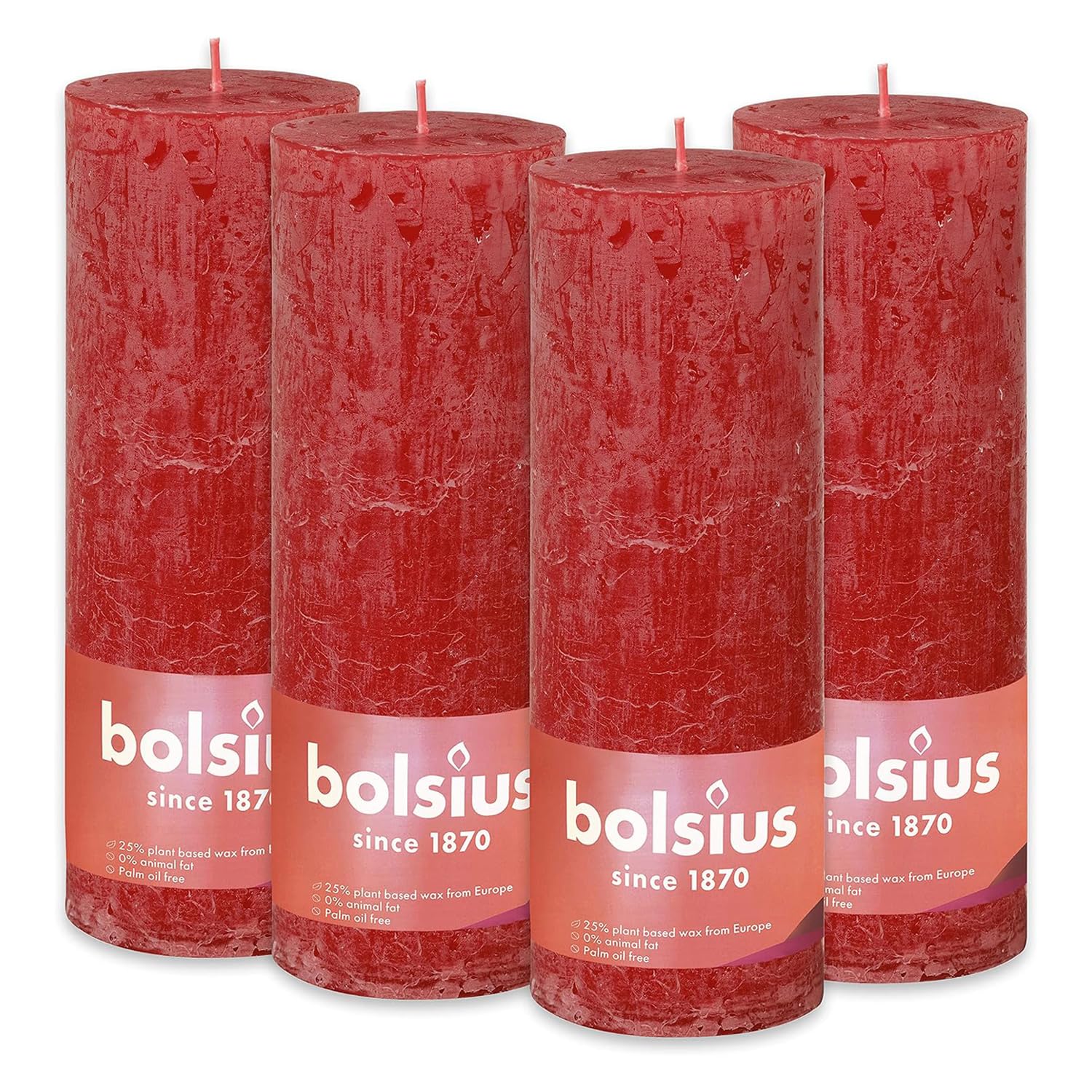 Bolsius - Candela Pilar Rústica - Roja - Paquete de 4-19 x 7 cm -Tiempo de Quema Largo de 85 Horas - Decoración - Sin Fragancia - Cera Vegana Natural - Sin Aceite de Palma - 19 x 7 cm