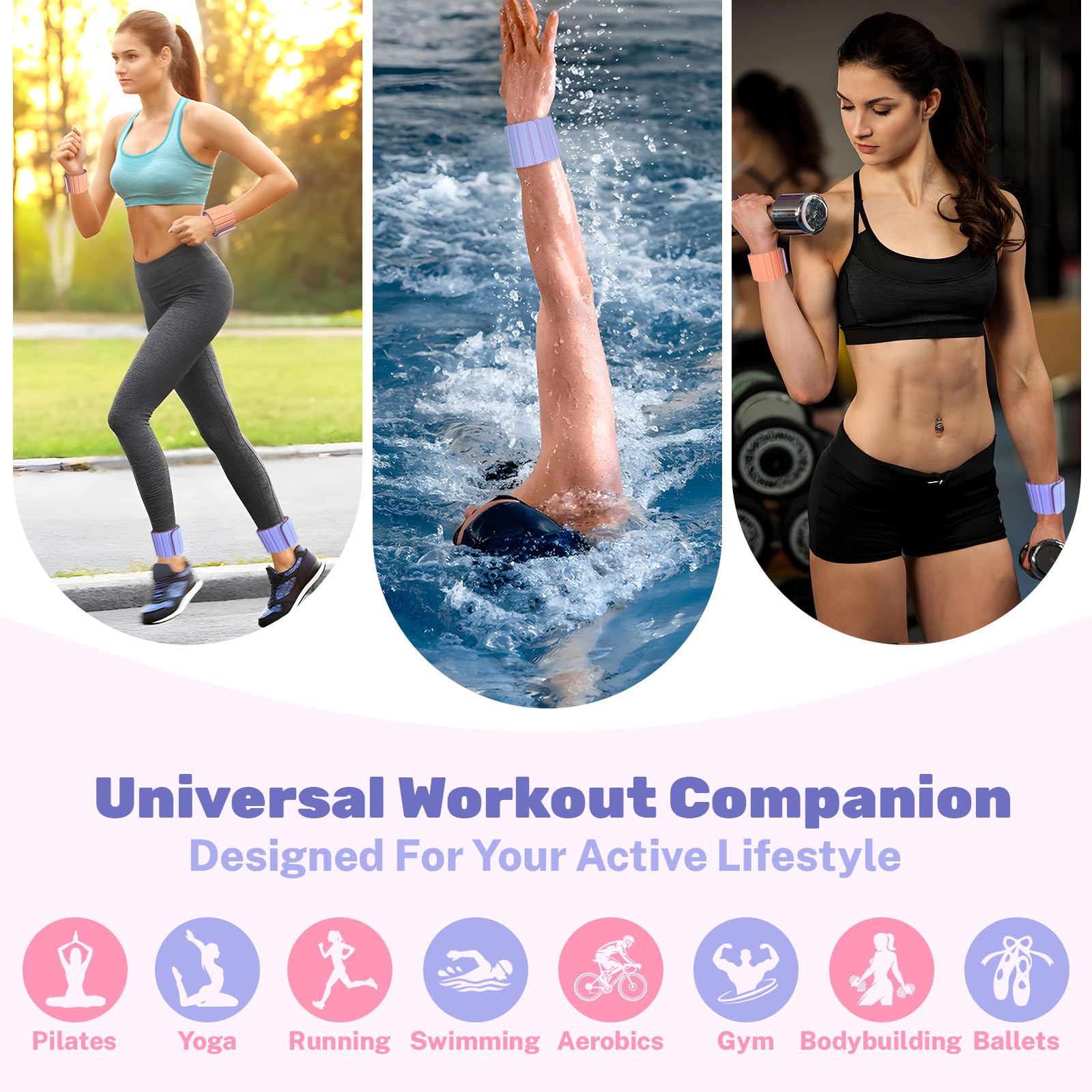 Magnetic Ankle Weights for Women & Men, Adjustable Silicone Wrist Weights Bracelet Set, Stackable Wrist and Ankle Weights 1 Pair 2 Lbs, Weighted Bangles Wearable for Home Gym Workout, Jogging, Yoga & Walking: Pink and Purple 1 lb x 2
