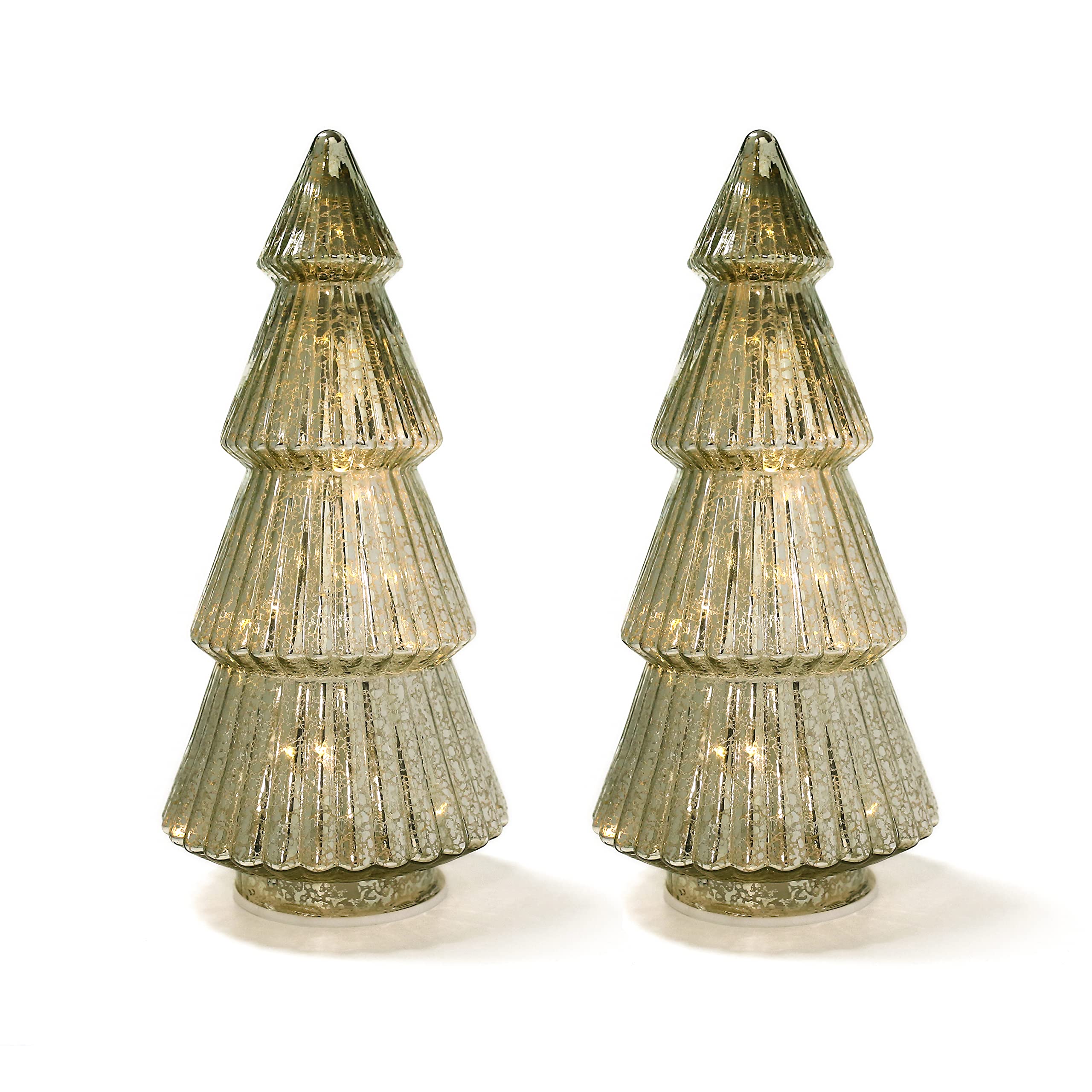 Yimiyaa 2PCS Christmas Ornaments Set Tower Shaped Glass Xmas Tree with LED Lights, Four Storey Classical Glass Tower Tree for Home Table Decor, Festive Gift, Christmas Decoration 15in(Silver)