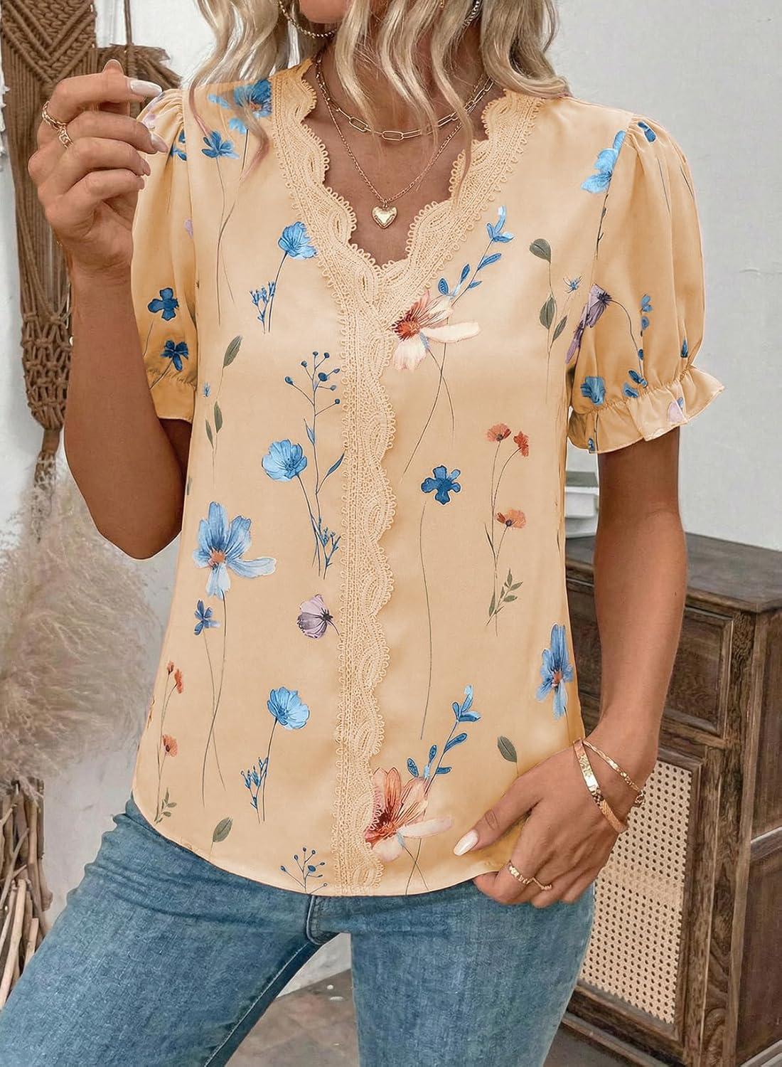 SHEWIN Womens Blouses Dressy Casual Lace V Neck Floral Tops Pulllover Short Sleeve Shirts Cute Summer Tops for Women 2026 - Image 4