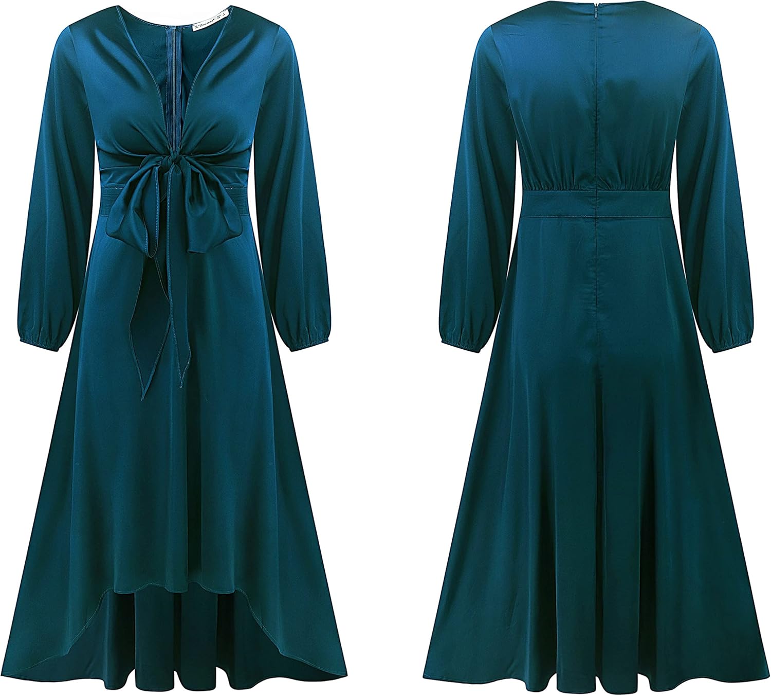 R.Vivimos Women's Cocktail Party Satin Dress Sexy Deep V-Neck Long Sleeve Tie Waist High Low Midi Dress - Image 6