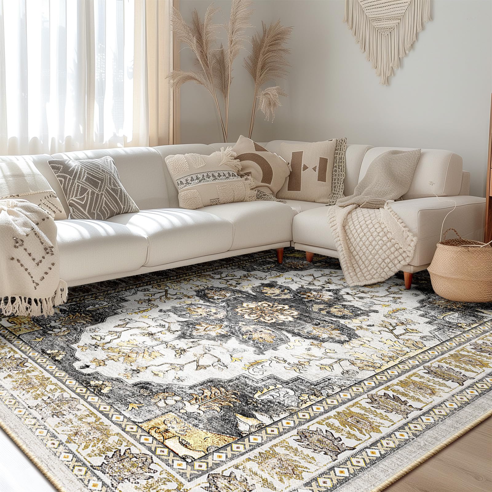 BESTSWEETIE Area Rug 9x12 Rugs for Living Room 9 x 12 Washable Rugs Non Slip Vintage Boho Living Room Rugs for Bedroom Dining Room, Distressed Floral Pattern Carpet, Grey Brown