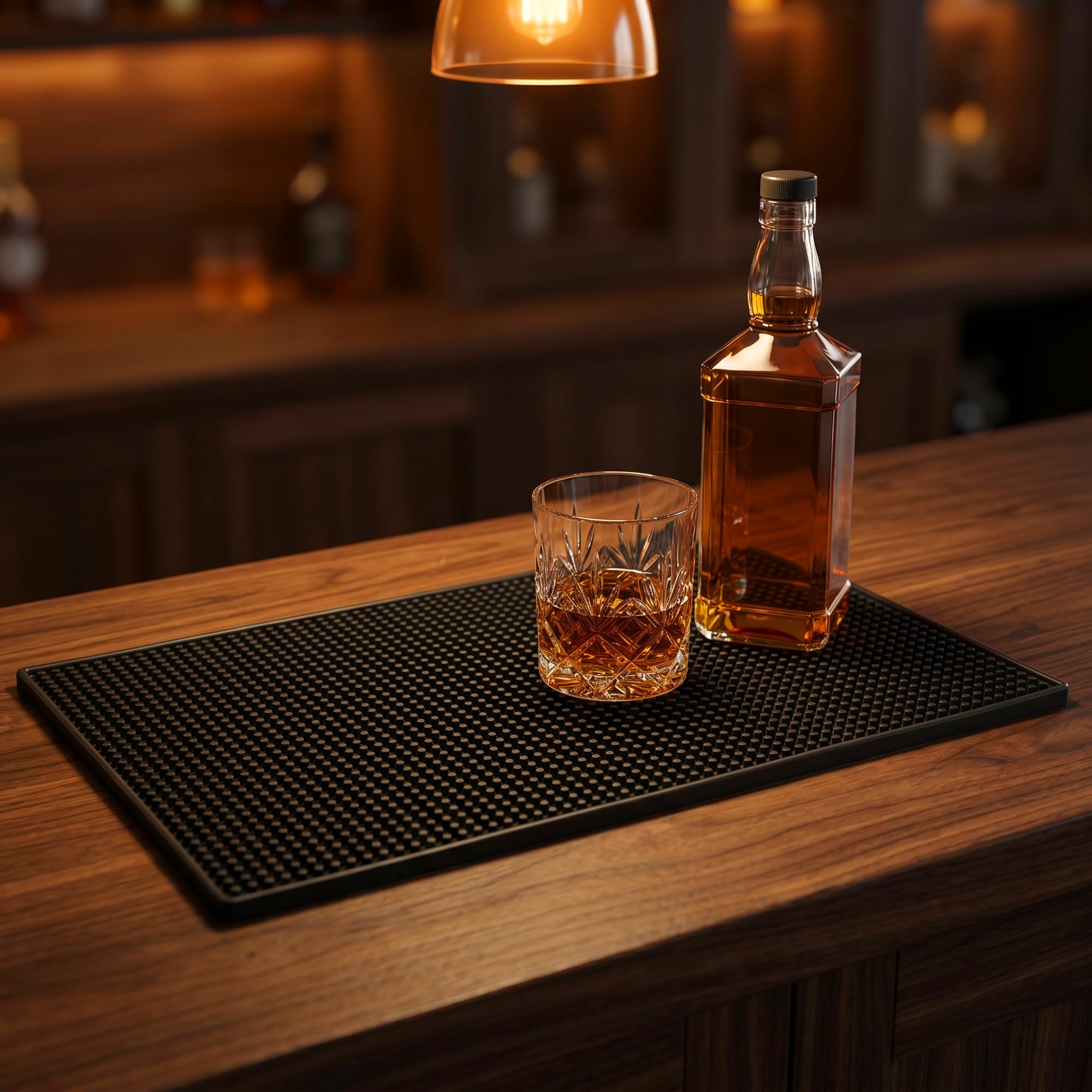 4 tappetini da bar in PVC, 45 x 30 cm, colore nero, per stoviglie, con 4 sottobicchieri rotondi da 10 cm, accessori per bar e cucina