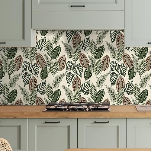 Miniatura 3 de VaryStyle Papel tapiz de hojas de palma tropicales de 17.7 x 118 pulgadas, color verdebeige, hojas de palmera botánicas, despegar y pegar, papel