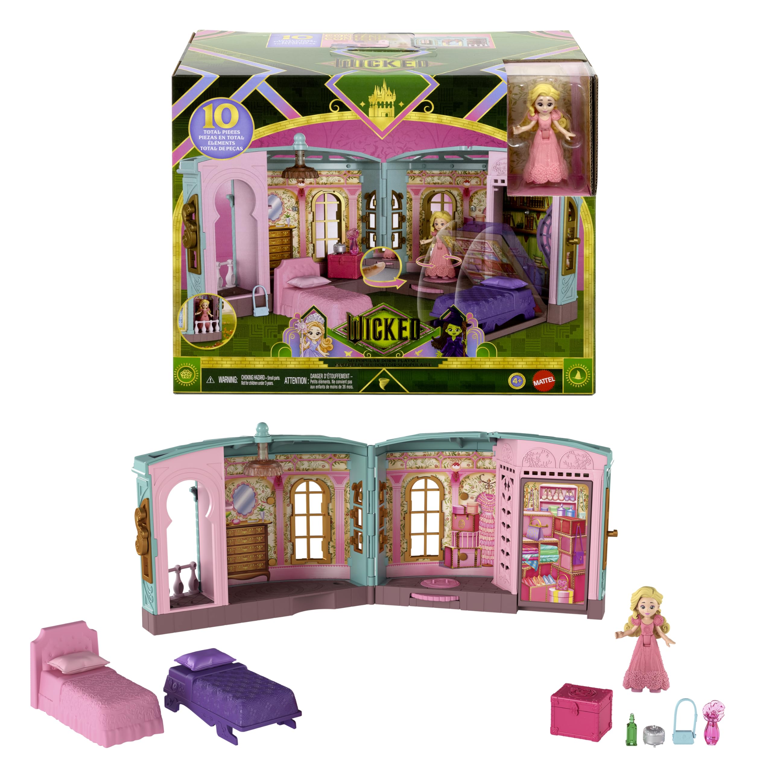 Mattel Universal Pictures’ Wicked So Popular Dorm Small Doll Playset with 3 Play Spaces & 9 Accessories, Inspired by the Movie, JHC00