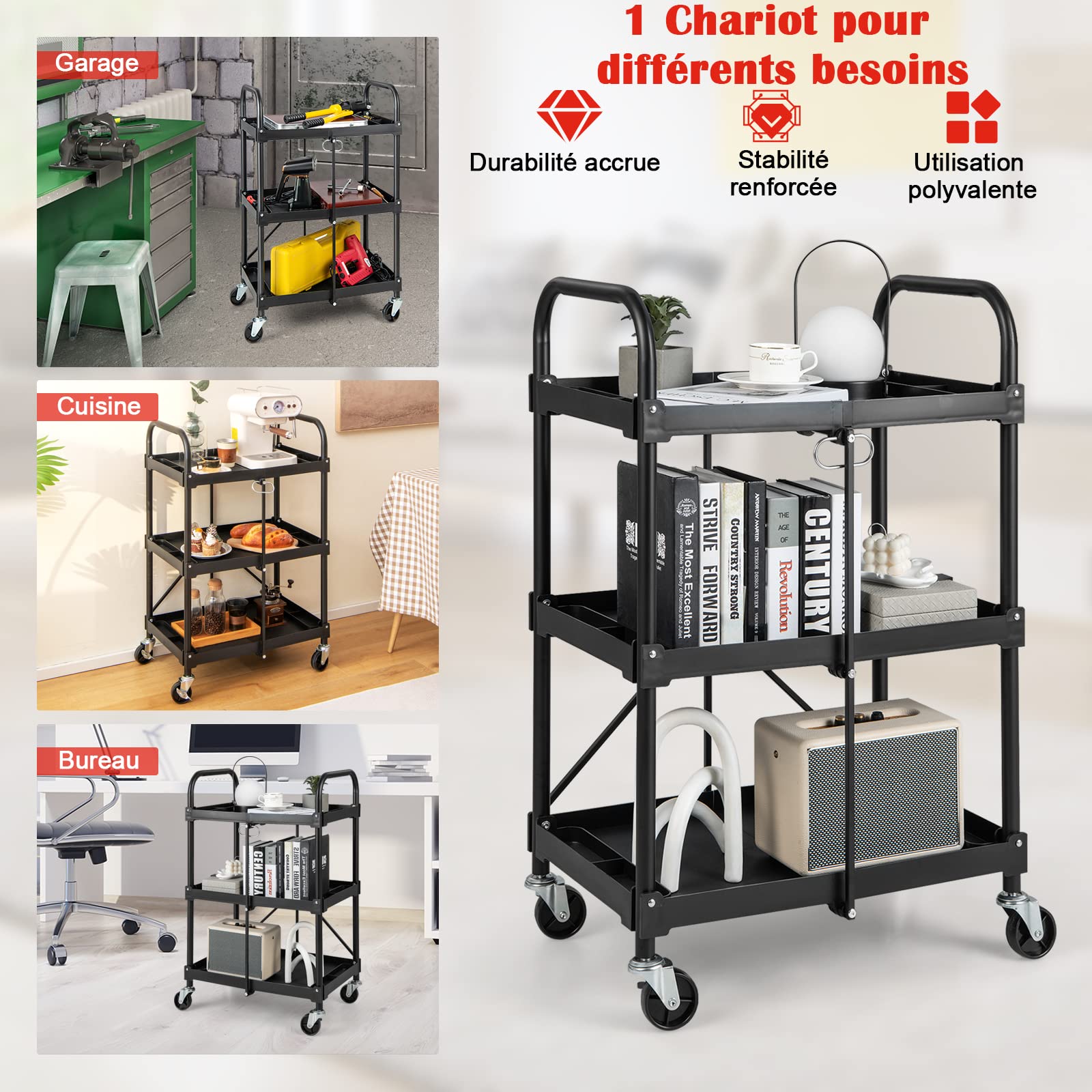 COSTWAY Chariot Servante d'Atelier à 3 Niveaux Pliant avec Roues Universelles, Chariot à Outils 4 Rainures et Mains Courantes Charge 45KG, 61 x 44 x 96 cm Noir