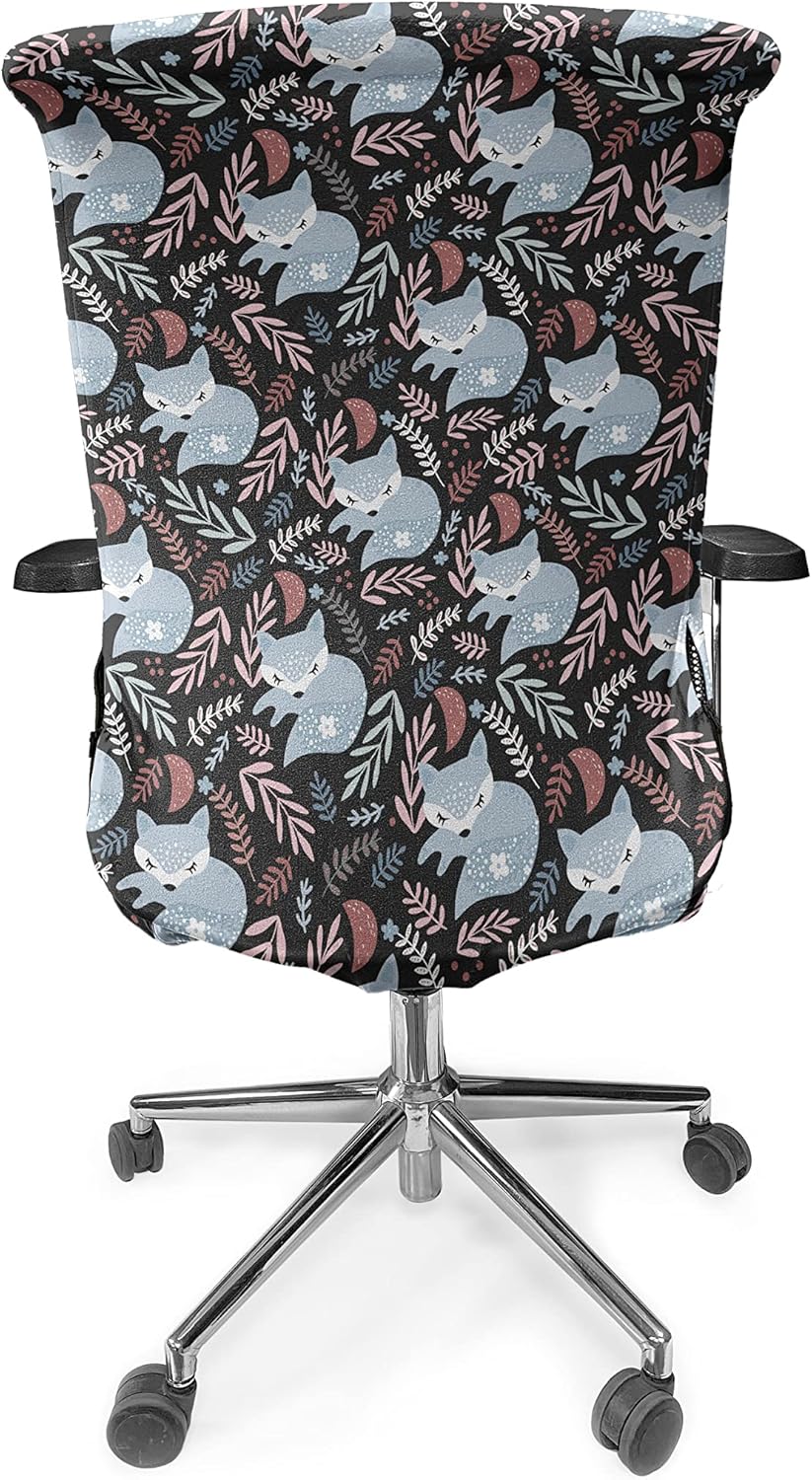 Ambesonne Fox Office Chair Cover, Continuous Pattern with Creative Leafy Branches and Sleeping Animal, Stretchable Decorative Universal Size High Back Printed Slipcover, Grey and Charcoal