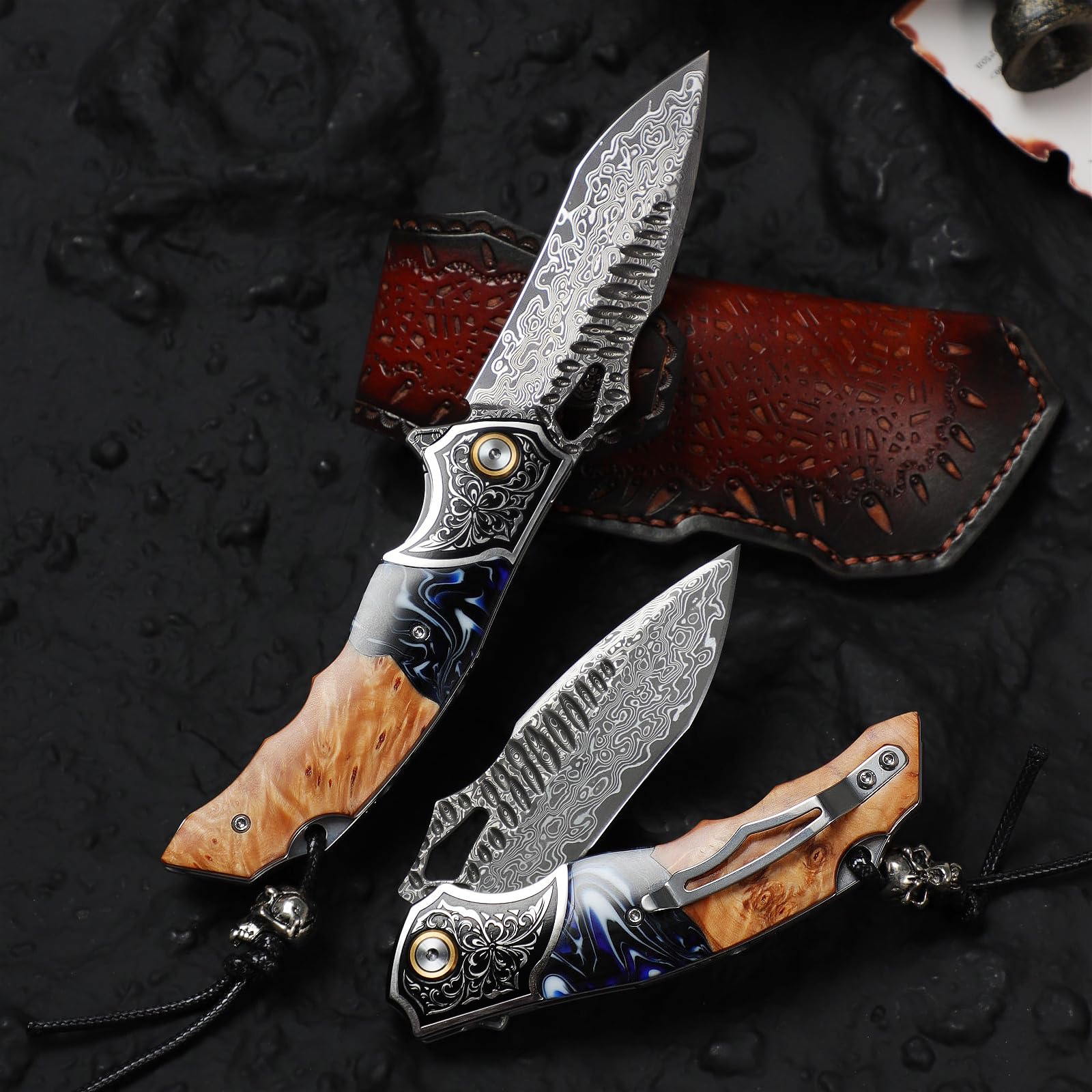 Handgefertigtes Klappmesser aus Damaszenerstahl, 8" EDC-Taschenmesser für Herren, inklusive Lederscheide und Taschenclip, Griff aus Ahornholz mit Harzbeschichtung – ein EDC-Messer, das sich ideal für