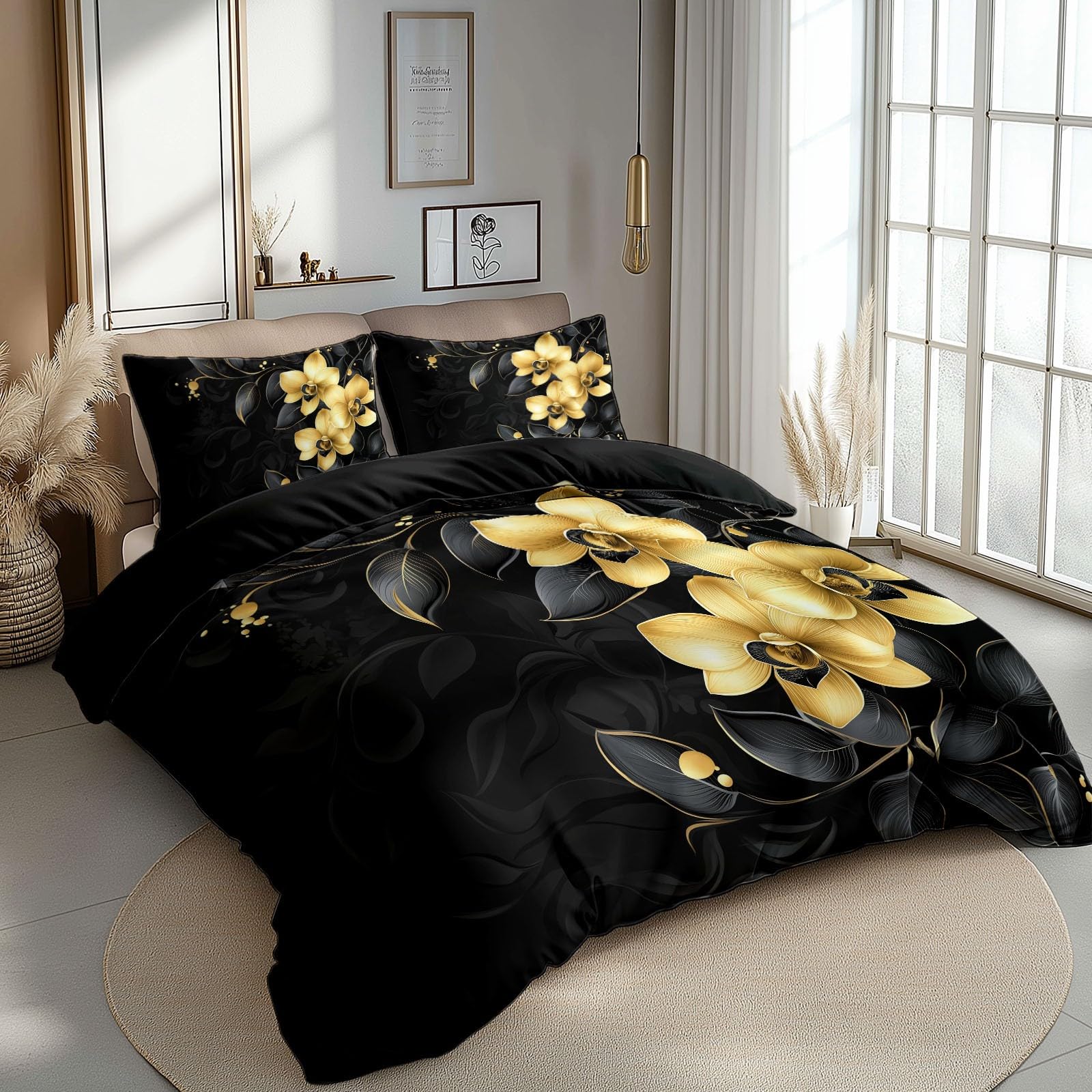 Black King Duvet Cover Bedding Set Gold Orchid With Black Leaves Pattern, Summer Reversible Duvet Cover Set with 2 Pillowcases for Double Bed 220x240 cm, Soft Microfiber 3pcs