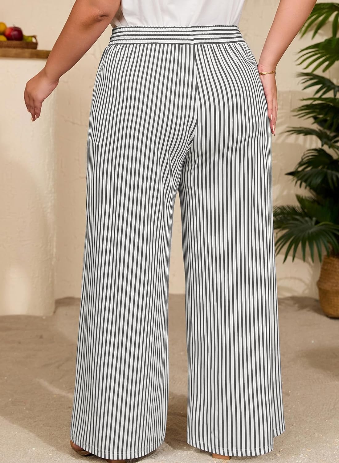 Eytino Womens Plus Size Wide Leg Pants Elastic High Waist Striped Casual Palazzo Pants Lounge Trouser with Pockets (1X-5X) - Image 4