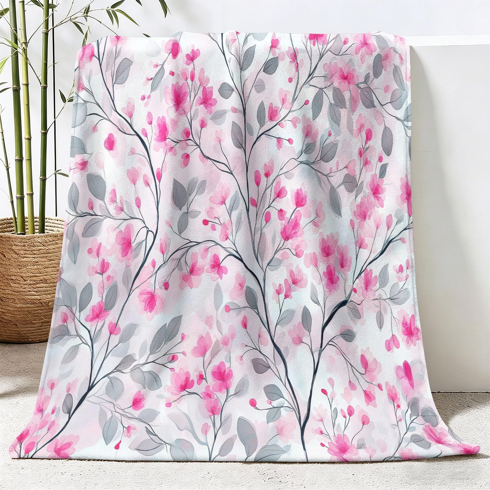 Coperta in pile acquerello botanico, morbida coperta stampata con viti a foglia floreale per adulti e bambini, coperta bianca rosa per divano, soggiorno, spiaggia, viaggi, 180 x 200 cm