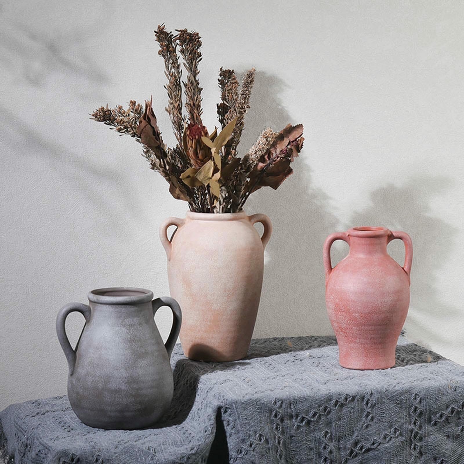 Ceramiczny wazon wiejski, rustykalny wazon, dekoracyjny ceramika, wysokie wazony do dekoracji domu, na stół, do salonu, ciemnożółty