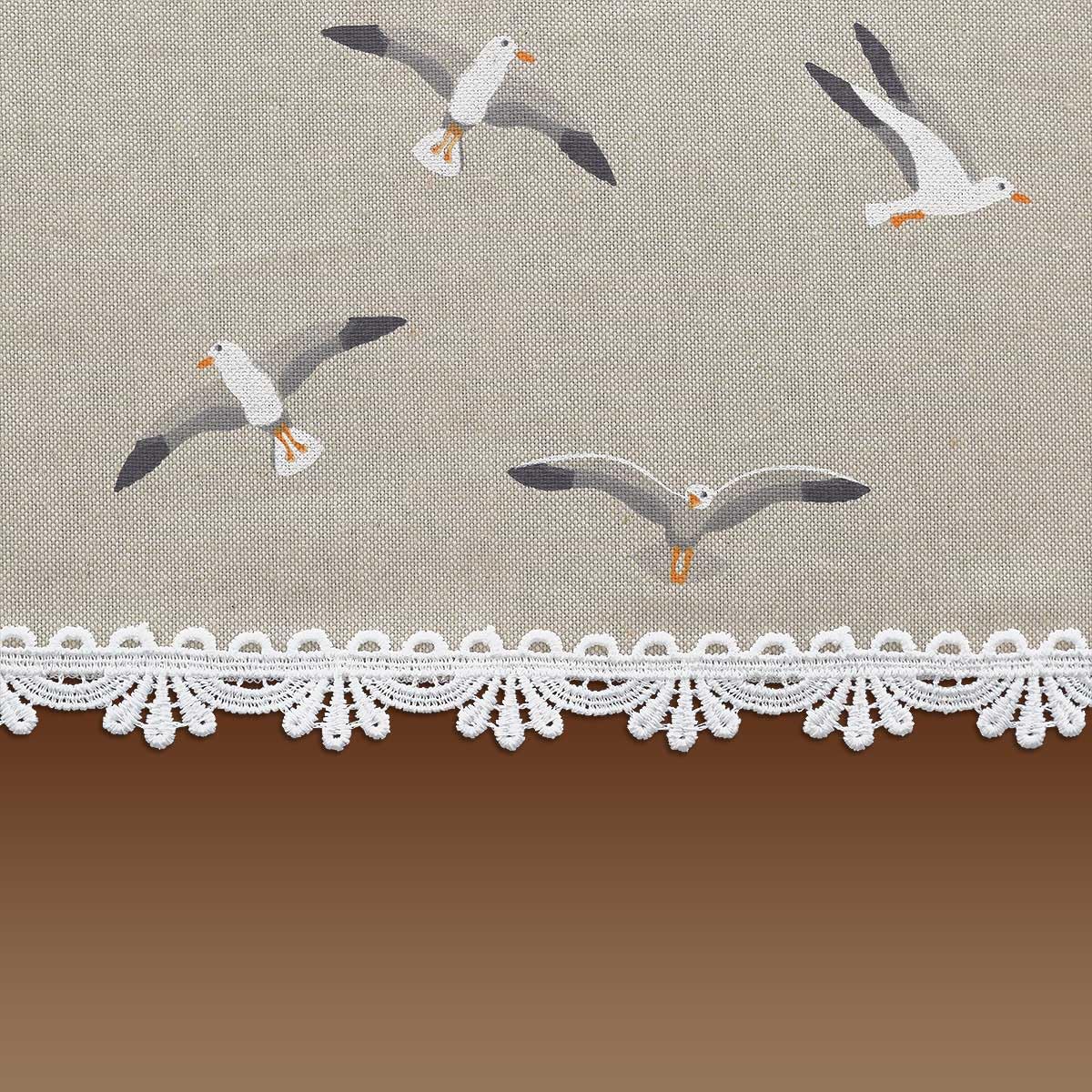 Querbehang Ilma Möwe mit Vogtländischer Spitze – hochwertige Landhaus-Gardine in Natur | maritimer Baumwollstoff Blickdicht | Volant mit Reihband Höhe x Breite 30 x 280 cm