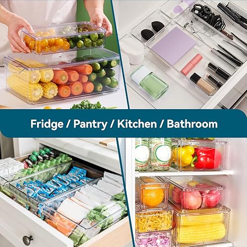 Miniatura 6 de Contenedores organizadores de refrigerador de 4 piezas, organizadores y almacenamiento transparentes para refrigerador, apilables con tapas,