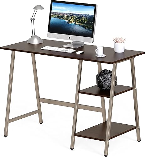 SHW Escritorio para computadora con caballete de oficina en casa de 43 pulgadas con estantes de almacenamiento abiertos, color espresso