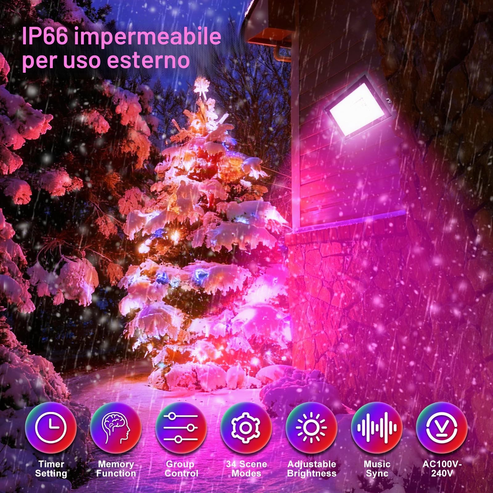 Faretto LED RGB Esterno 50W,Smart Faretti RGBCW Faro LED Cambia Colore/Controllo APP/Dimmerabile/Timer/Sinc Music/IP66 Impermeabile Proiettore Lampada Esterno Per Natale,Halloween,Disco,Festa
