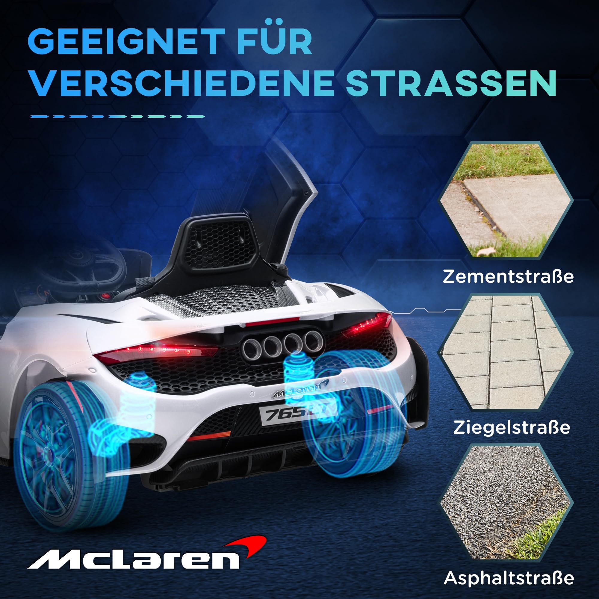 AIYAPLAY McLaren 765LT dziecięcy samochód elektryczny 12 V, pilot zdalnego sterowania 2,4 G, muzyka MP3, pojazd elektryczny z klaksonem, światłem, drzwiami skrzydłowymi, łagodnym rozruchem, 3-5 km/h