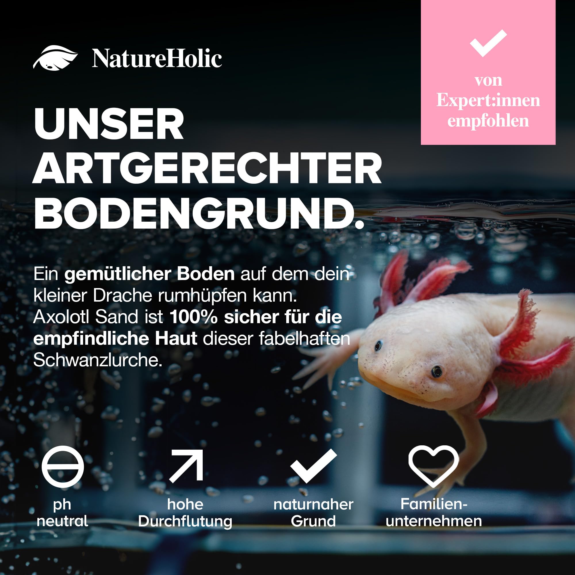 NatureHolic Axolotl Sand - Natürlicher Aquariensand 0,4-0,8 mm - Sicher für Axolotl Aufzucht & Haltung - Bodengrund für Axolotl - Wasserneutral & unbehandelt - einfache Anwendung - 10Kg
