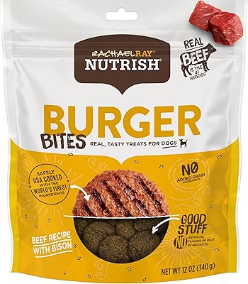 Rachael Ray Nutrish Burger Bites Real Meat Dog Treats, Beef Burger with Bison Recipe, 12 Ounces, Grain Free