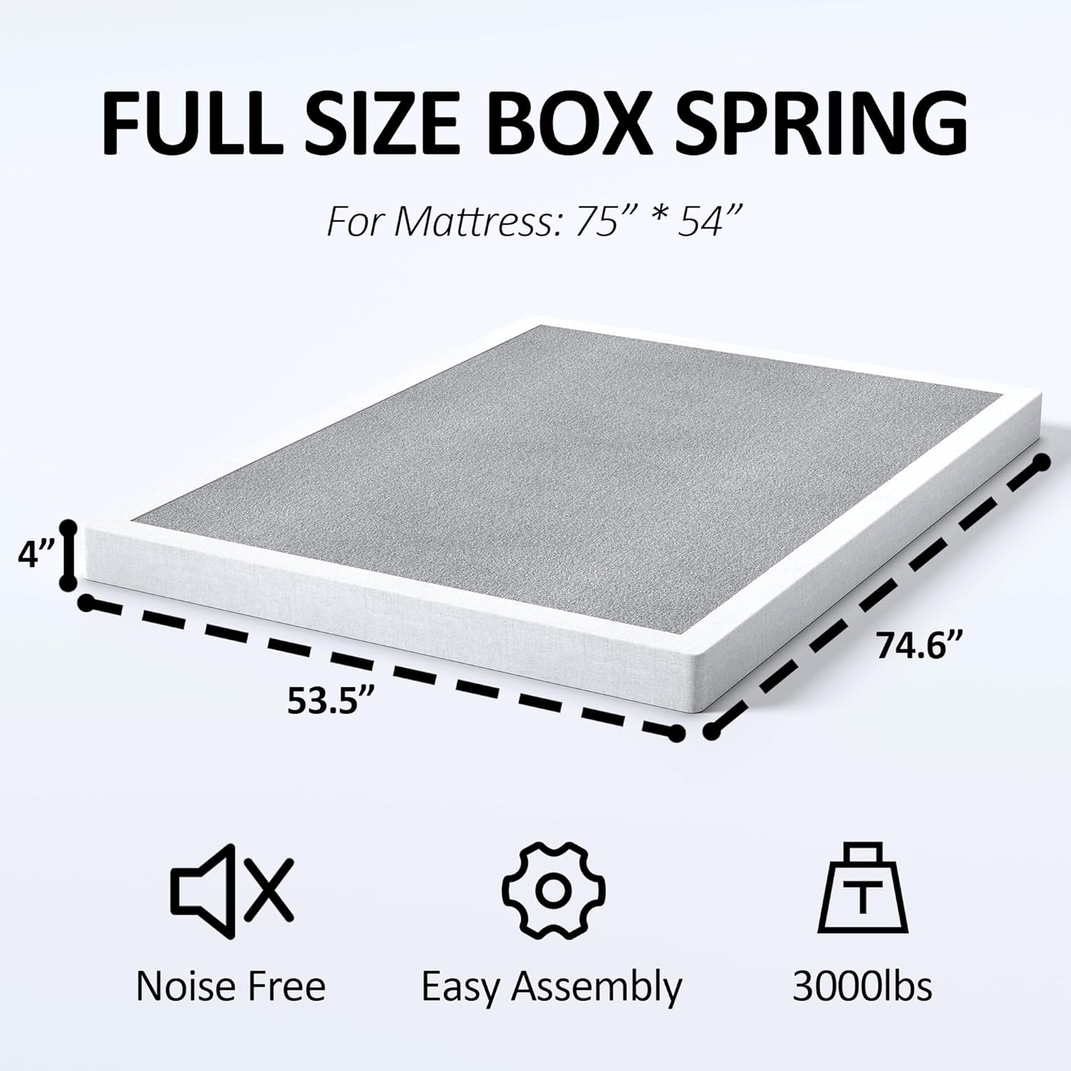 4 Inch Full Box Springs, Low Profile Box Spring Only for Full Bed, Heavy Duty Metal Mattress Foundation with Fabric Cover, Easy Assembly, Noise-Free