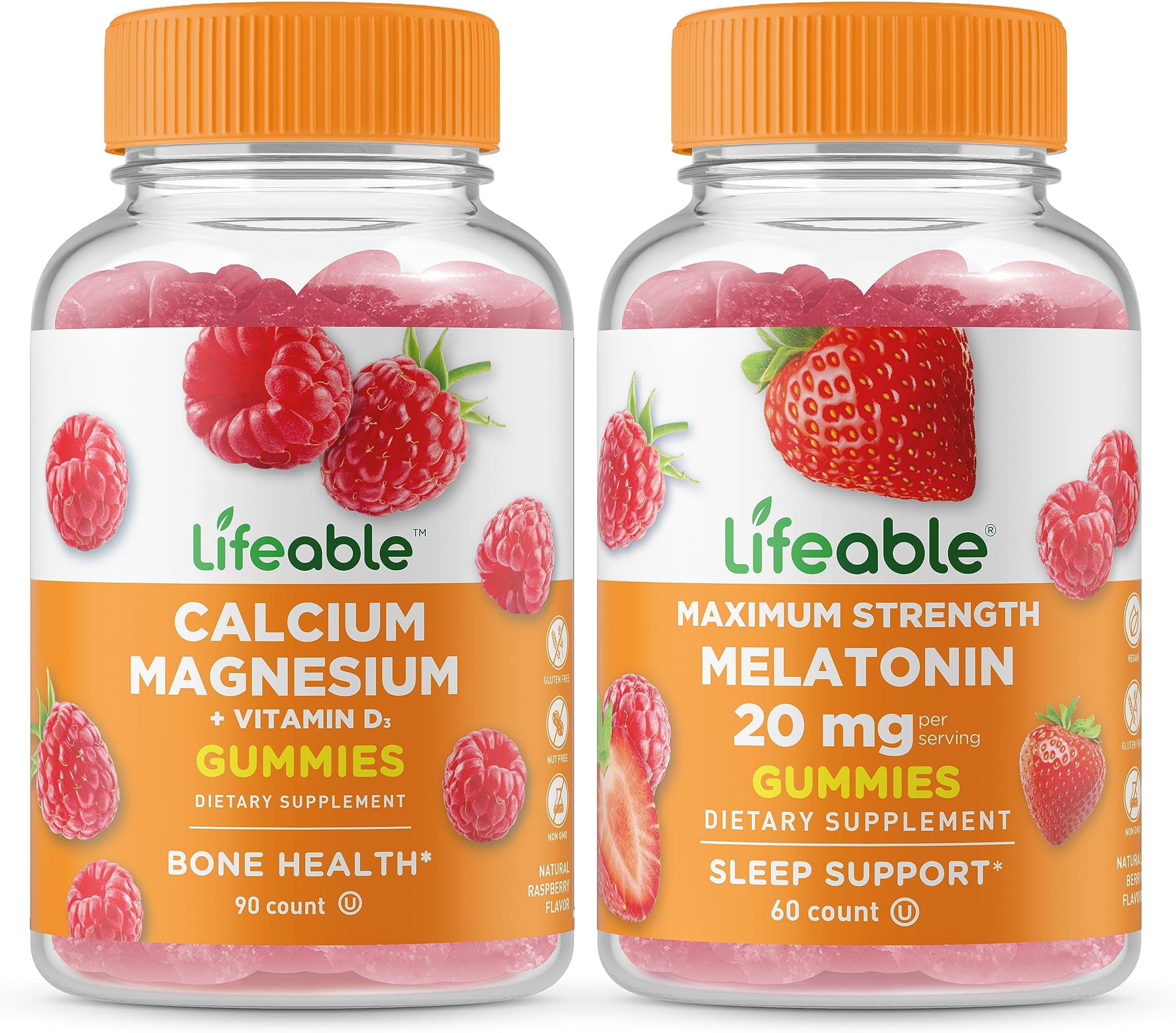 Lifeable Calcium Magnesium + Melatonin 20mg, Gummies Bundle - Great Tasting, Vitamin Supplement, Gluten Free, GMO Free, Chewable Gummy