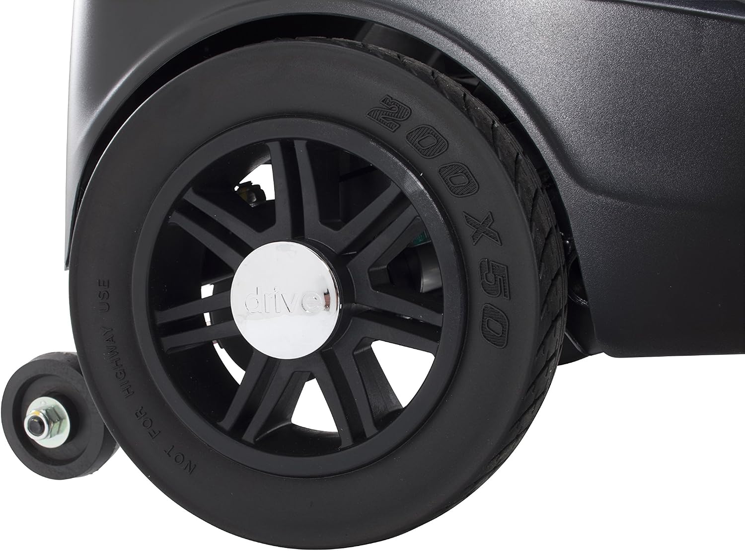 Close-up of the scooter's flat-free, non-marking tire