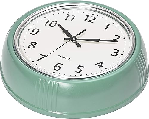 Vista 4 de Bernhard Products Retro Wall Clock 9.5 Inch Green Kitchen 50's Vintage Design Round Silent Non Ticking Battery Operated Quality Quartz Clock