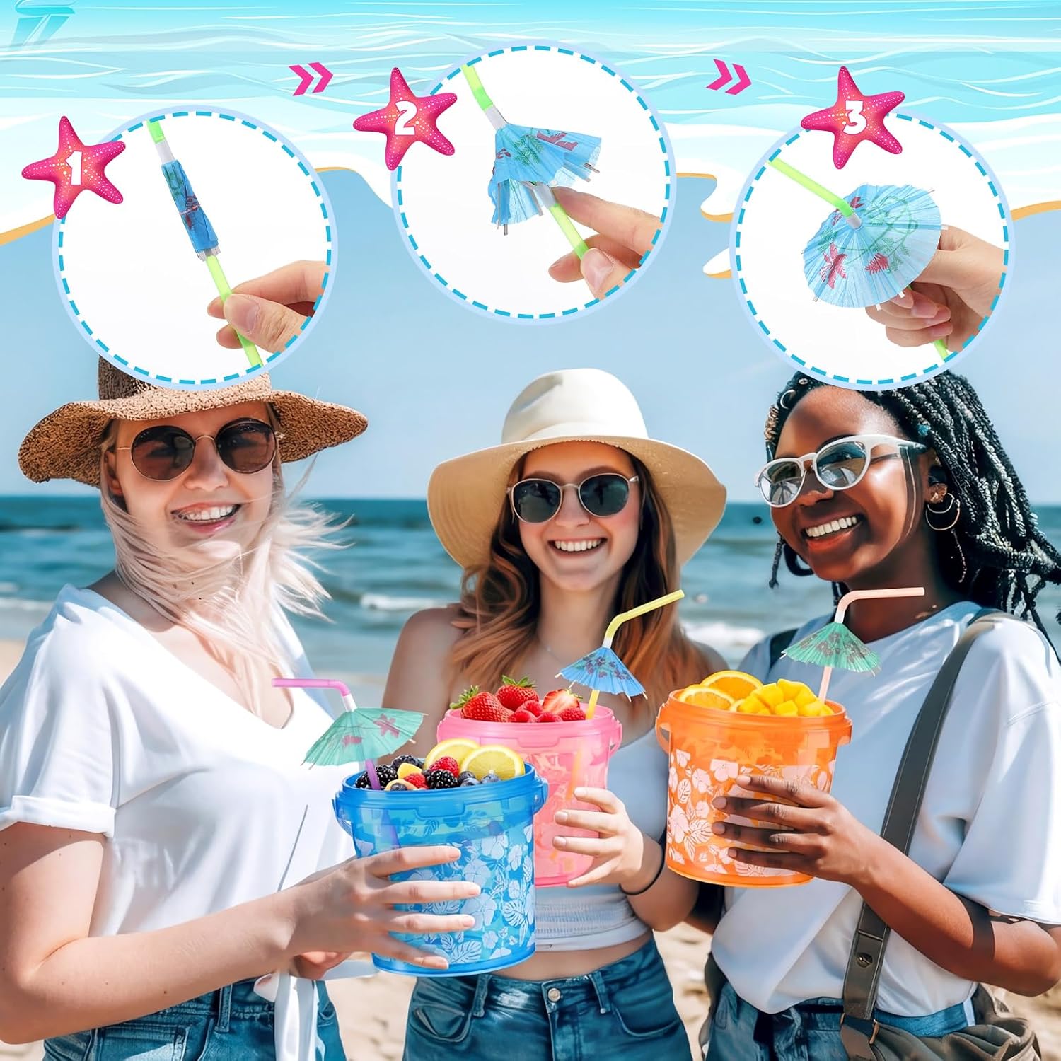 Funnymoom 24 Pcs 32 oz Hawaiian Plastic Drink Buckets with Lids and Umbrella Straws Hibiscus Luau Party Reusable Cocktail Rum Cup Beer Bucket Summer Punch Bowls for Aloha Tropical Beach Party