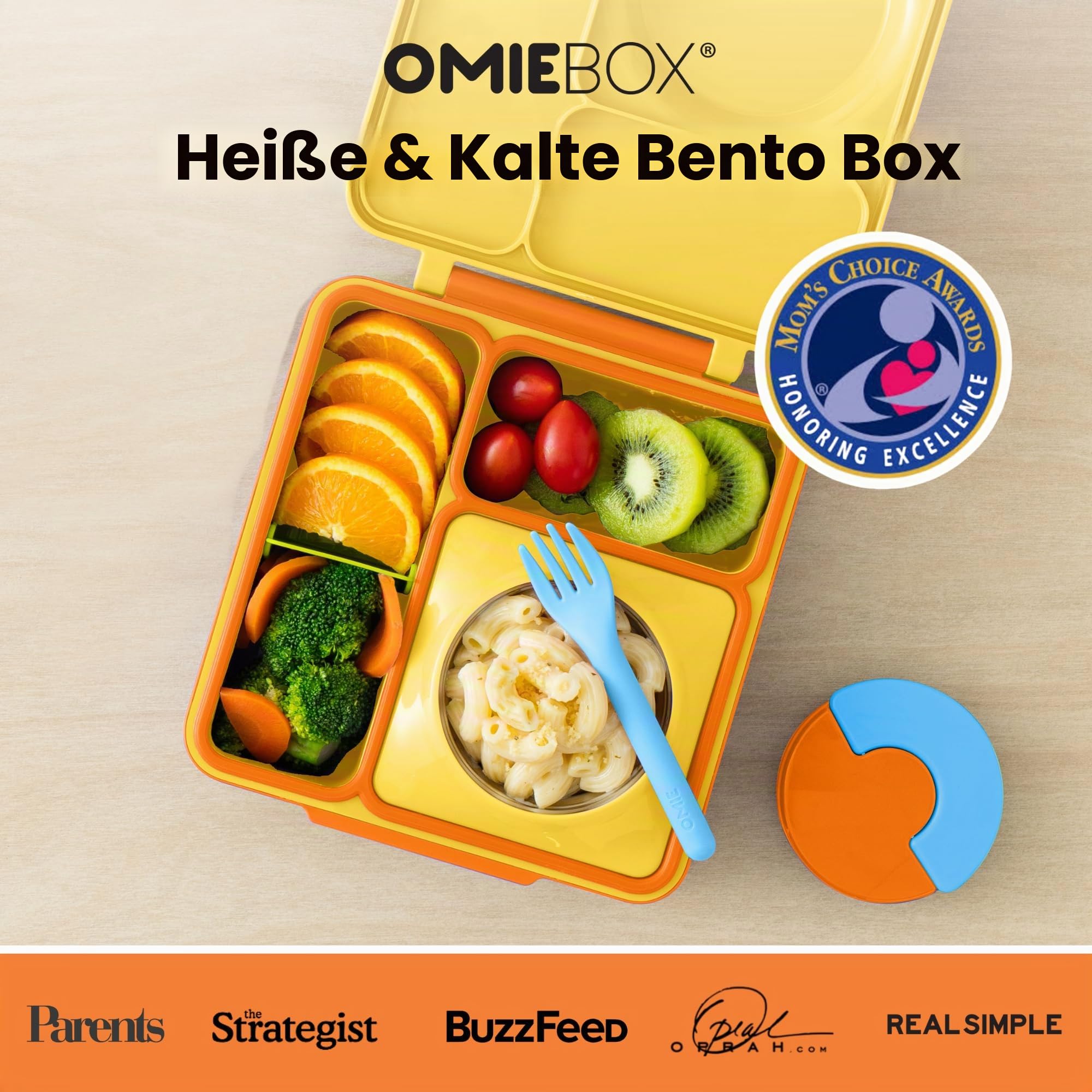 OmieBox Lunchbox (Sunshine) - Bento Box mit 3 Fächern und auslaufsicher isoliertem Thermo Behälter | Brotdose für Kindergarten Kinder Schule