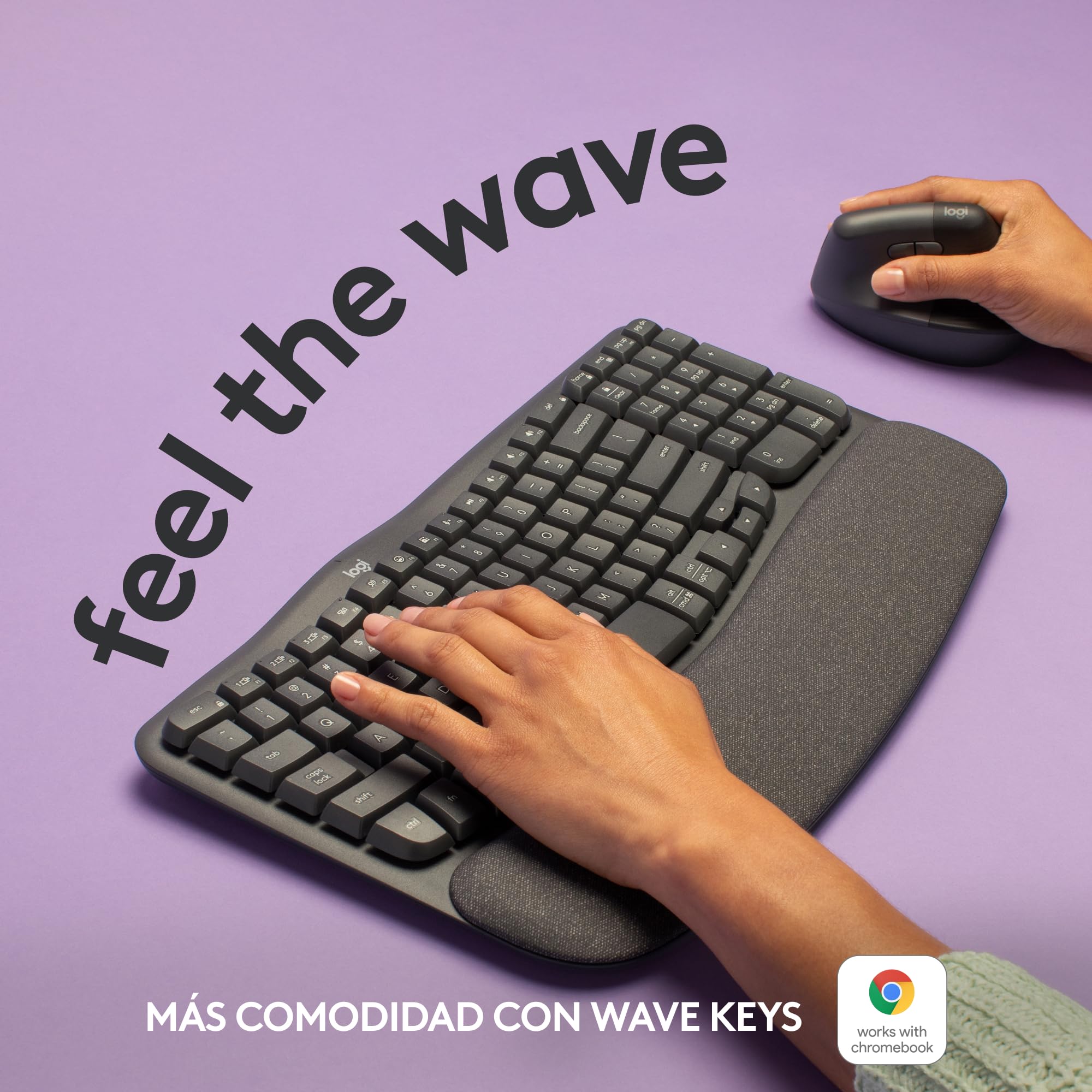 Logitech Wave Keys, teclado ergonómico inalámbrico con reposamuñecas acolchado, escritura cómoda, natural, Easy-Switch, Bluetooth, Logi Bolt, multisistema operativo, Windows/Mac,QWERTY Español-Grafito