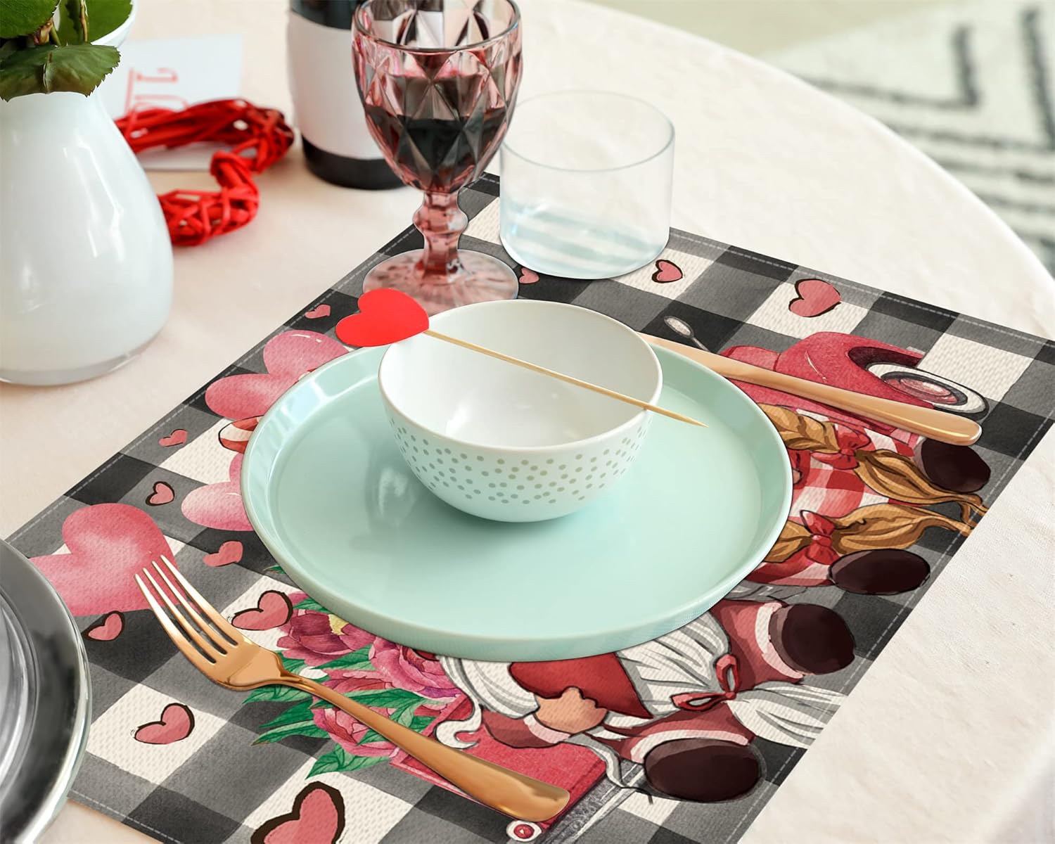 Valentines Day Gnomes Placemats Set of 4,12x18 Inch Buffalo Plaid Gnomes with Love Hearts Truck Heat-Resistant Place Mats,Anniversary Wedding Table Decors for Farmhouse Kitchen Dining Party : Home & Kitchen