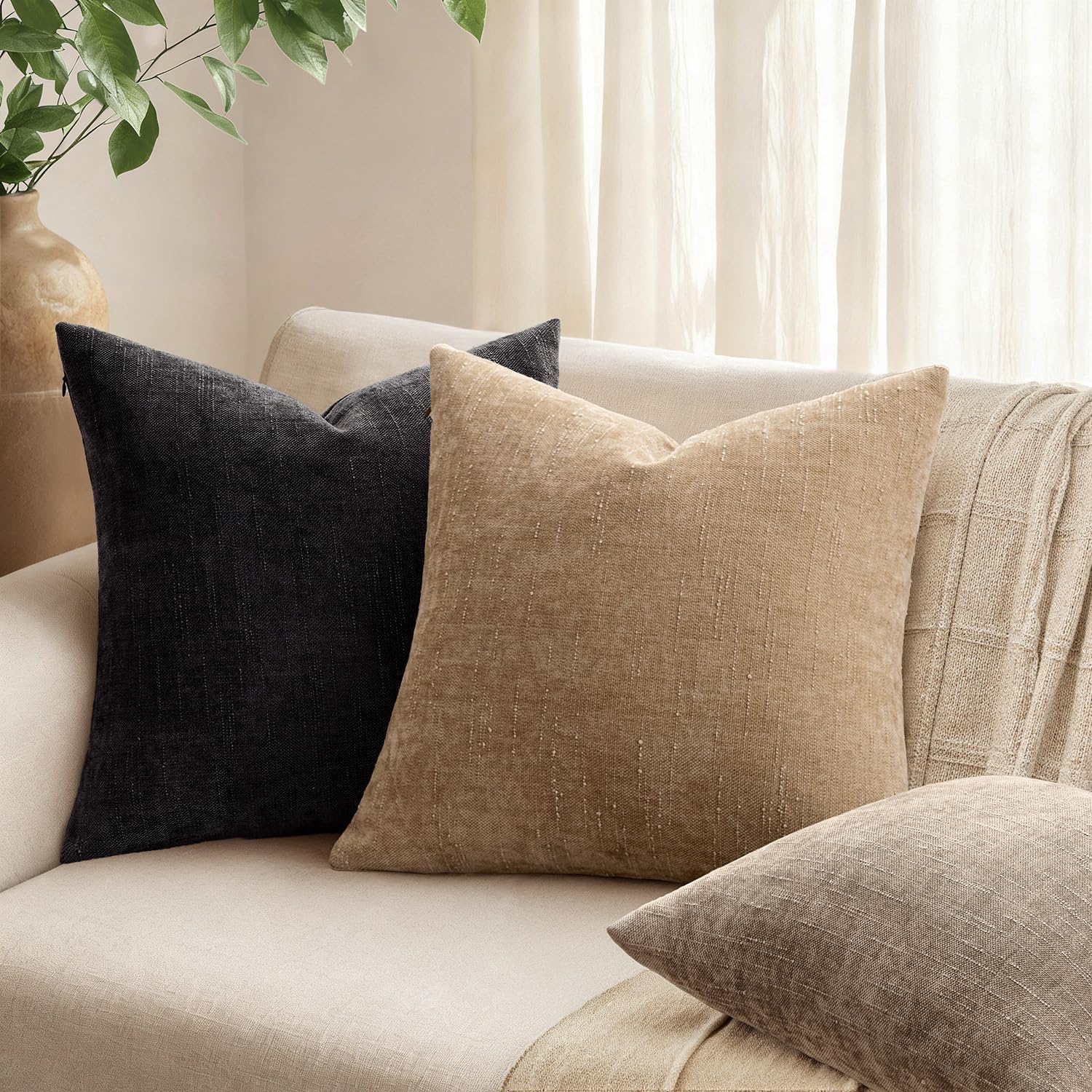ANRODUO Pack of 2 Decorative Textured Throw Pillow Covers Soft Black Euro Square Accent Solid Chenille Cushion Cover Cozy Farmhouse Pillow Case for Couch Sofa Bedroom Living Room Home Decor 24x24 Inch