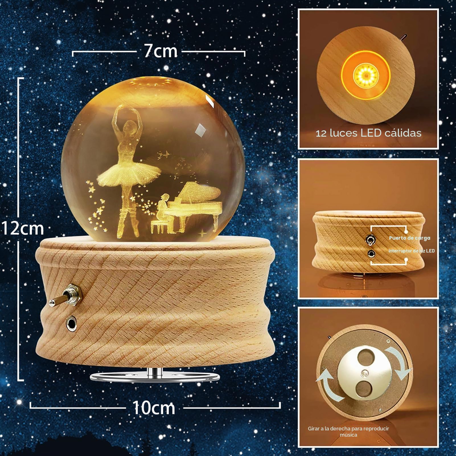 Caja de Música con Bola de Cristal 3D, Caja de Música Giratoria 360° Luminosa con Proyección de luz y Base de Madera para Niños, Esposas, Madres, Regalo Decorativo Creativo(Princesa de Ballet)