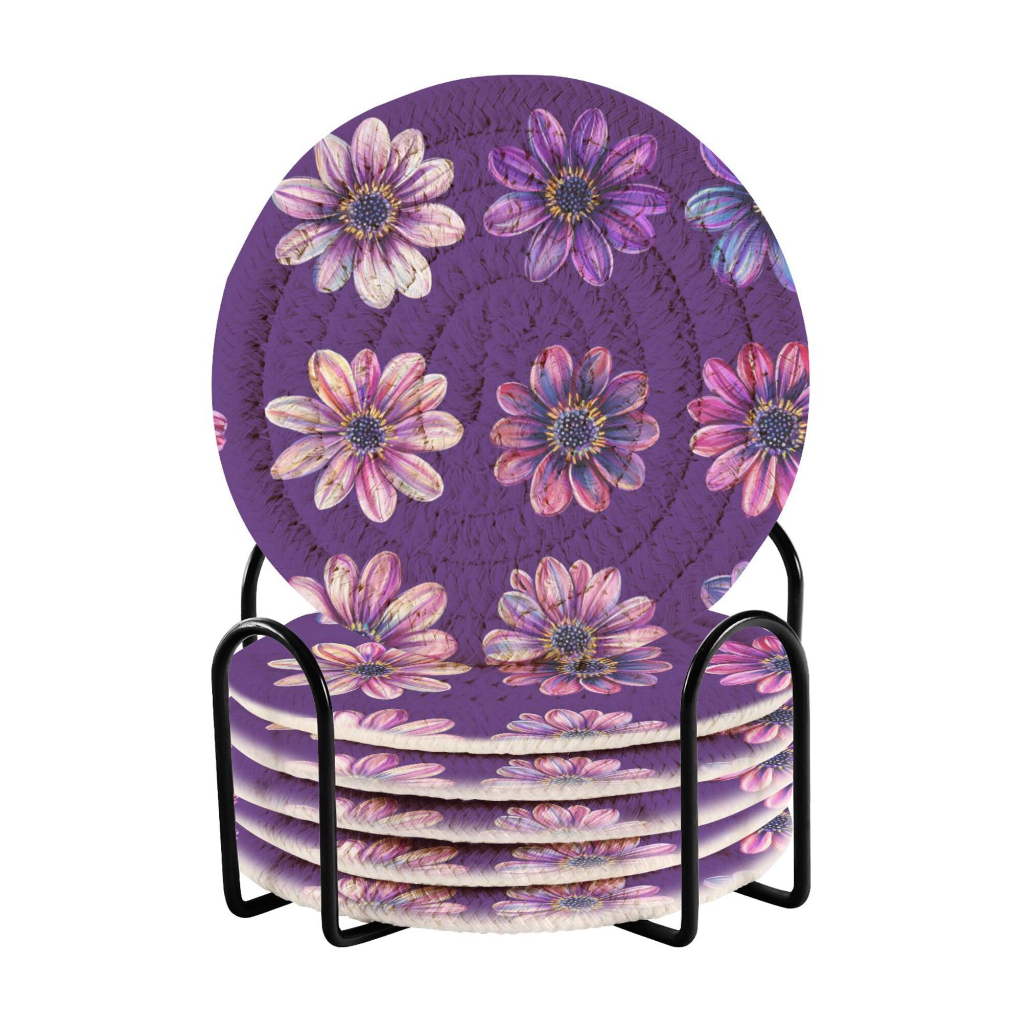 Nature Osteospermum Purple Cotton Rope Drink Coasters Absorbent and Holder Set of 6 Coffee Table Coasters