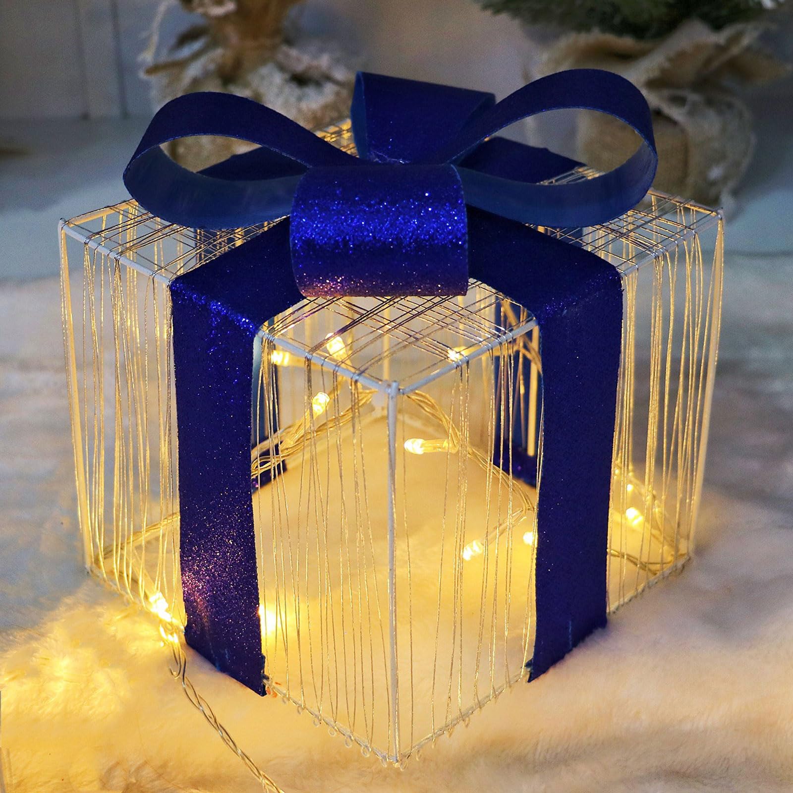 ozdoby świąteczne, Zestaw 3 pudełek prezentowych z lampkami świątecznymi w kolorze niebieskim, 14-19 cm, diodami LED (pudełko prezentowe)((Without Light) Gift Box)
