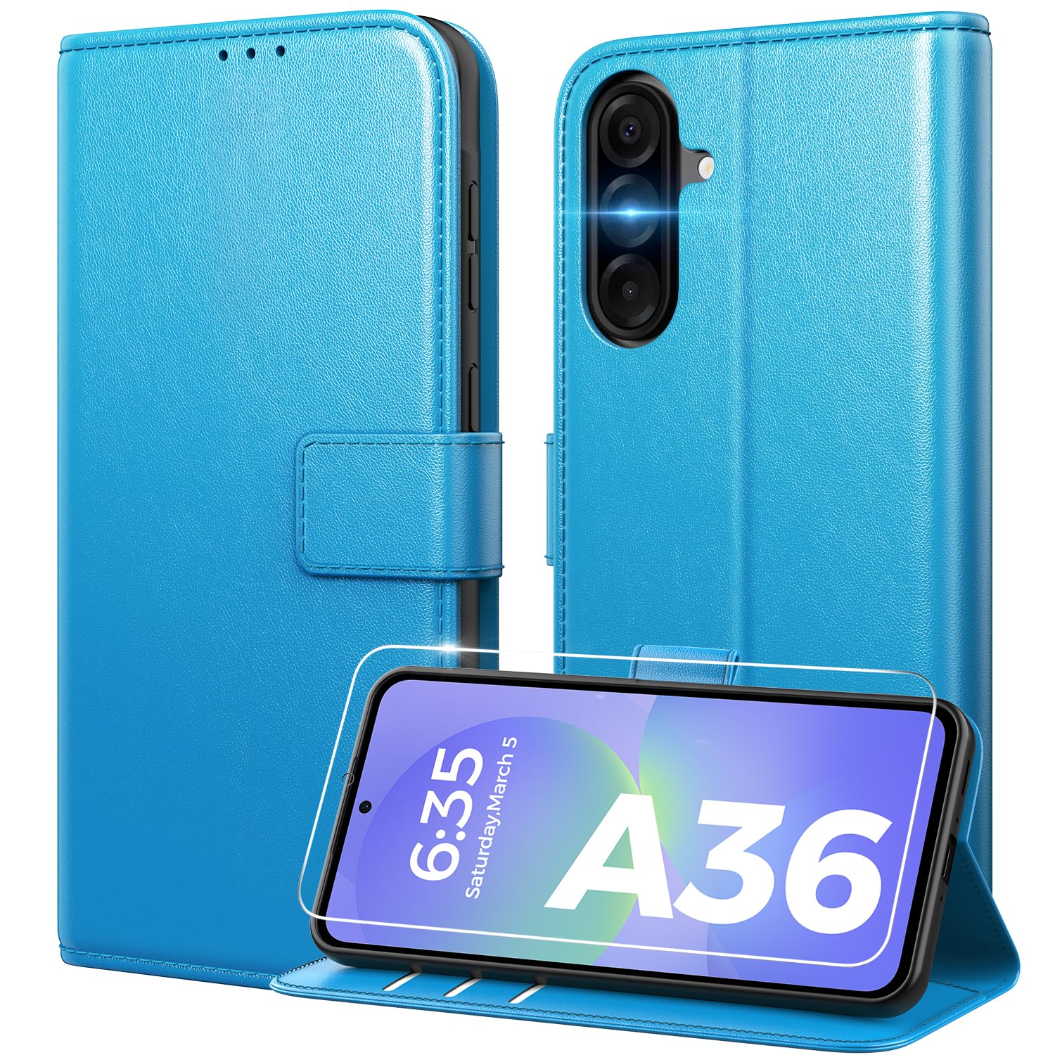 Peakally Handyhülle für Samsung Galaxy A36 5G Hülle [Mit 1 Stück Panzer Schutz Glas] [Premium PU Leder] [RFID-Blockierung] [Kartenfach] Klapphülle mit Galaxy A36 5G / A36 4G - Leuchtend Blau