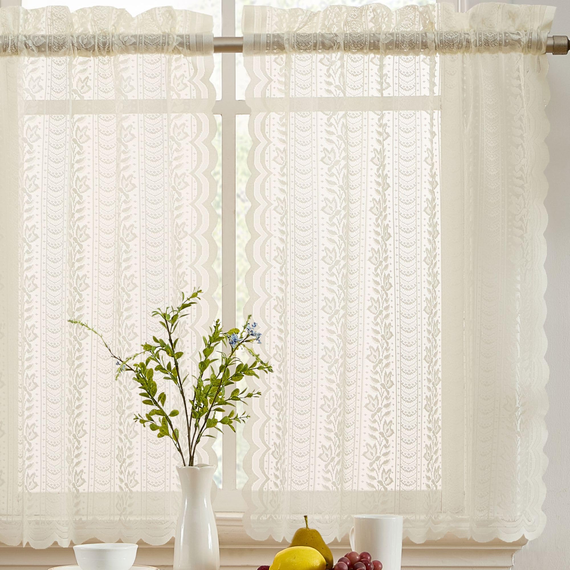 HLC.ME Sophia Floral Rod Pocket Lace Semi Sheer Voile Short Cafe Tiers for Small Windows - 28 x 36 Inch Length (Ivory Tiers, Set of 2)