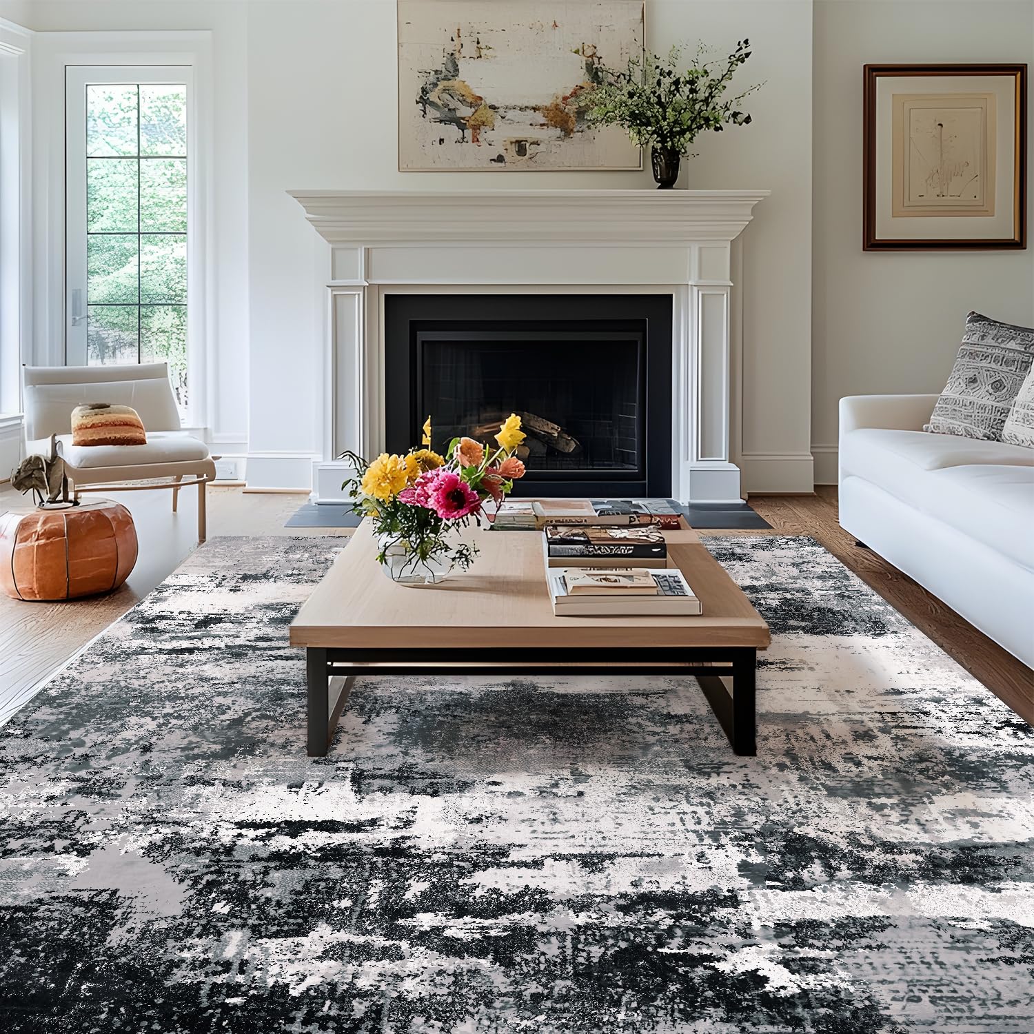 Teppich Läufer Flur 80x150cm - Küchenläufer Waschbare Teppichläufer - Abstrakte Design Teppiche - Rutschfest Moderner Kurzflor Teppich für Korridor, Esszimmer, Wohnzimmer, Schlafzimmer - Schwarz Weiss